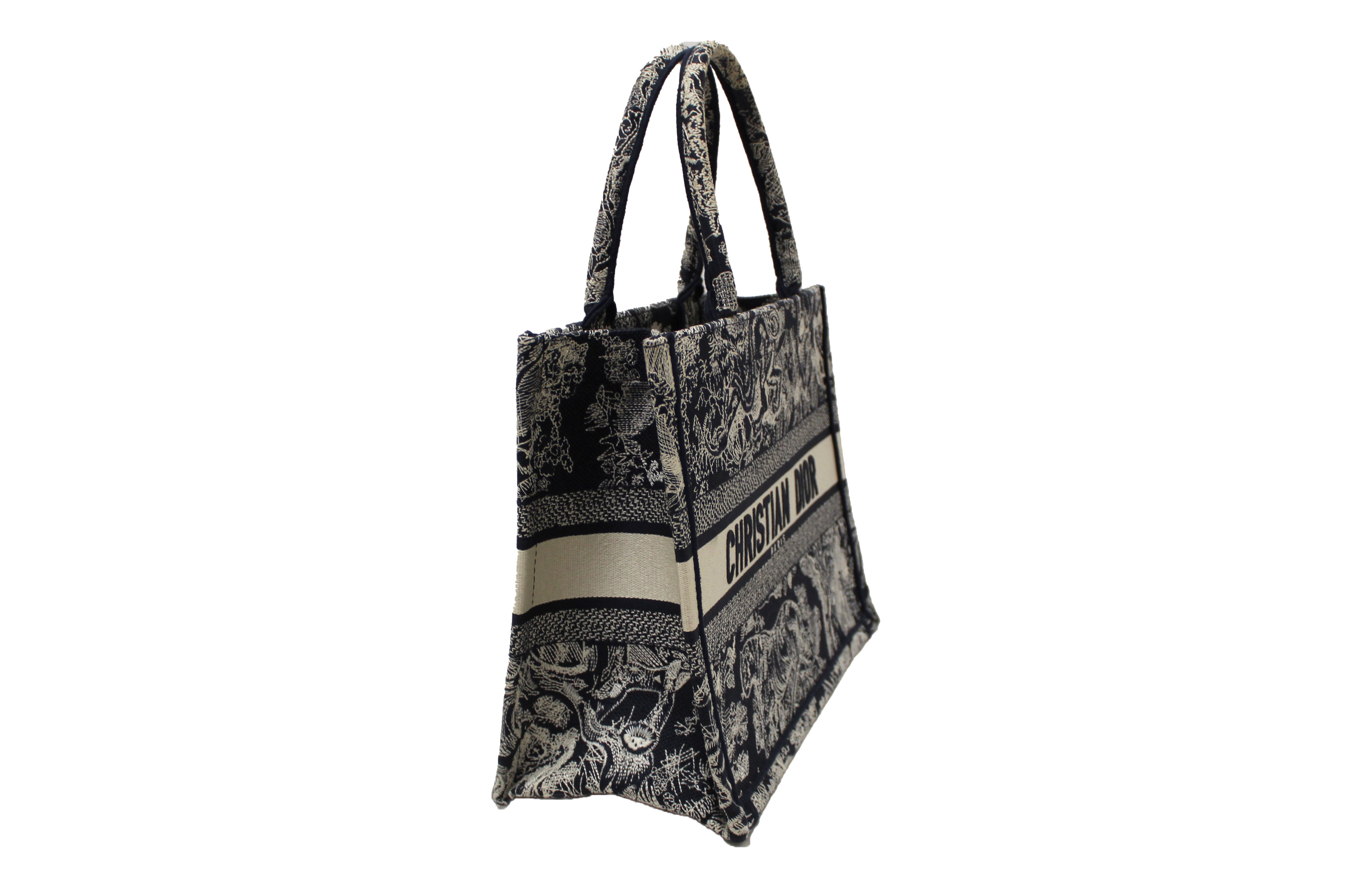 Authentic Christian Dior Blue and Ecru Toile de Jouy Reverse Embroidery Medium Dior Book Tote