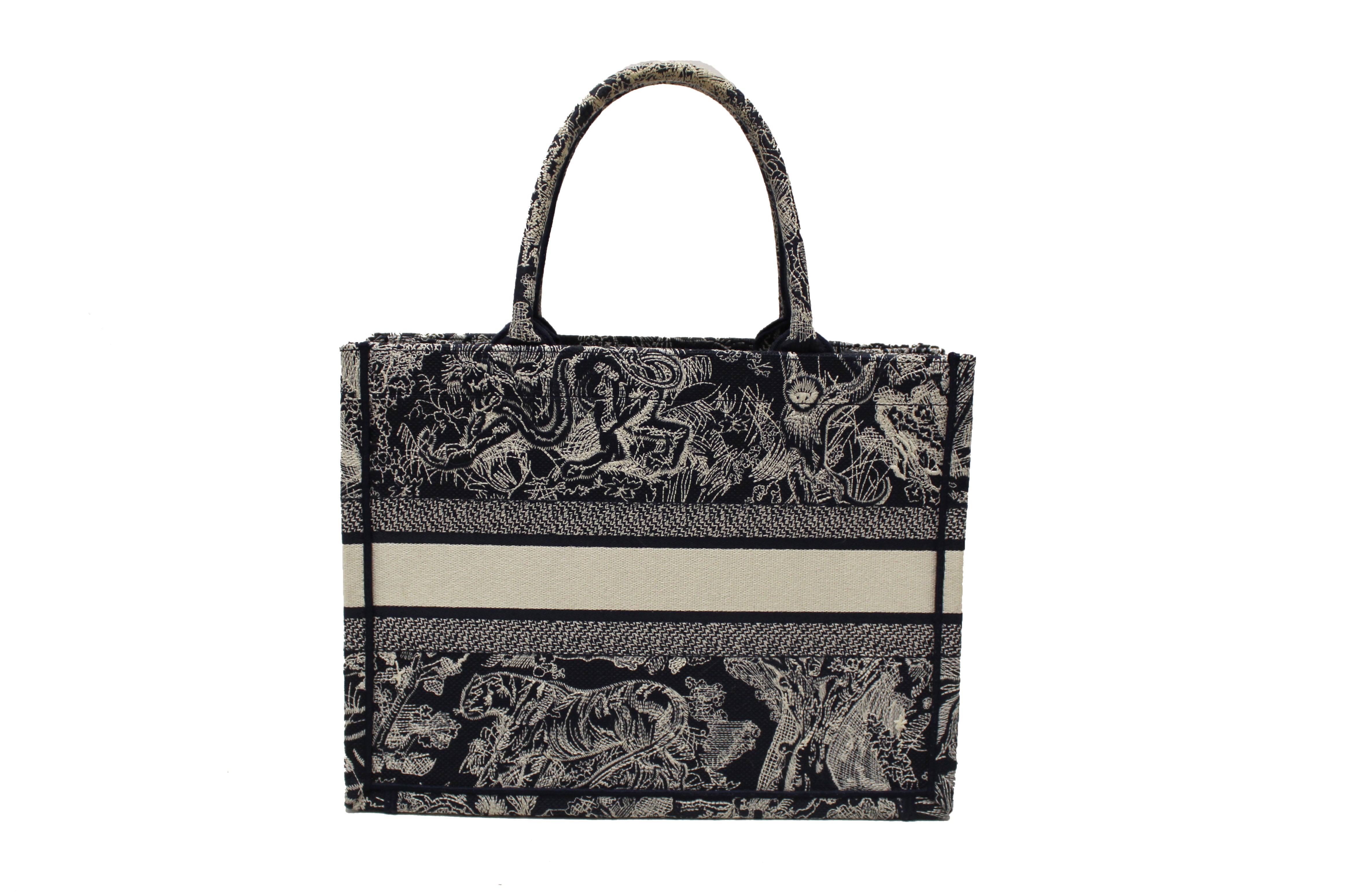 Authentic Christian Dior Blue and Ecru Toile de Jouy Reverse Embroidery Medium Dior Book Tote