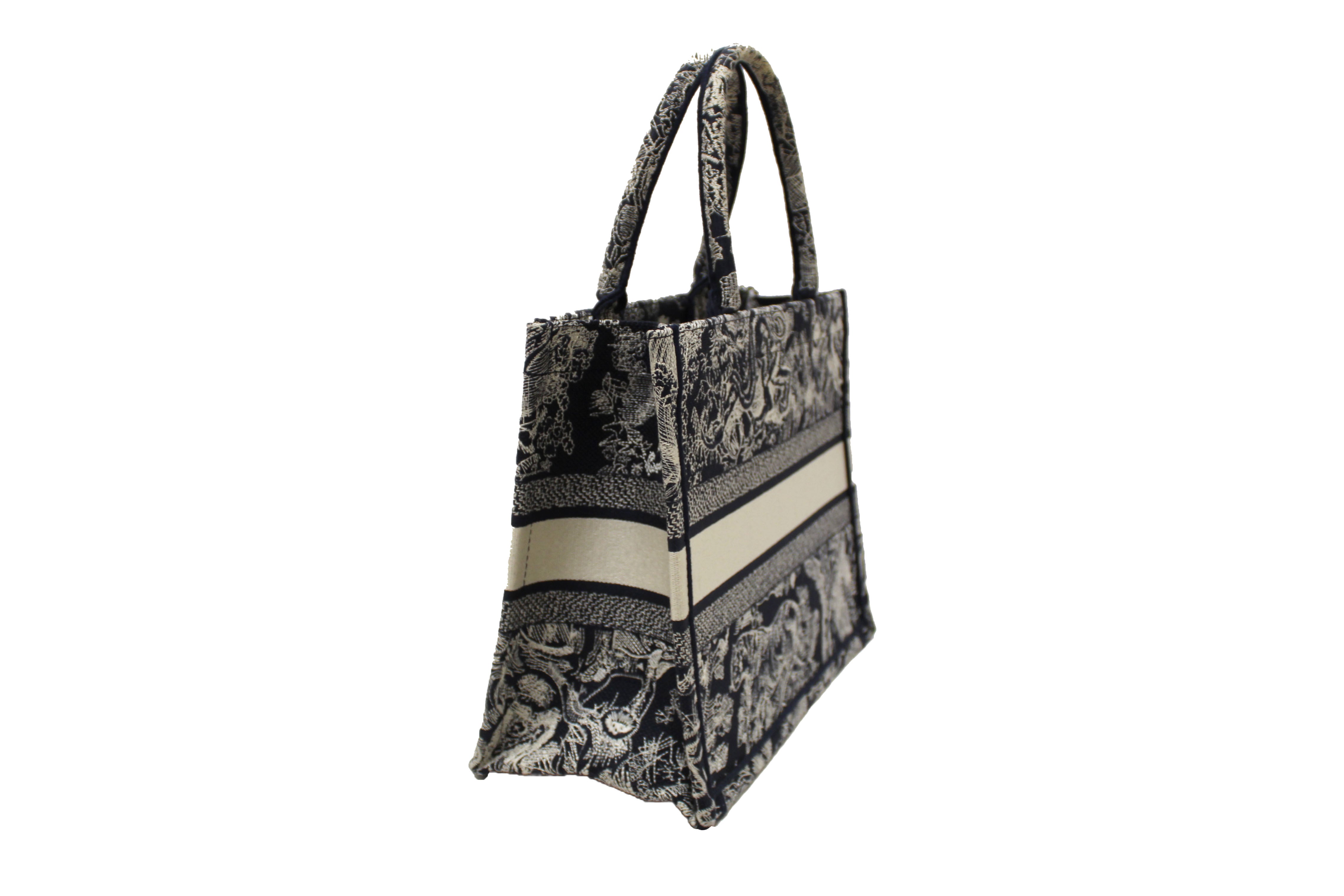 Authentic Christian Dior Blue and Ecru Toile de Jouy Reverse Embroidery Medium Dior Book Tote