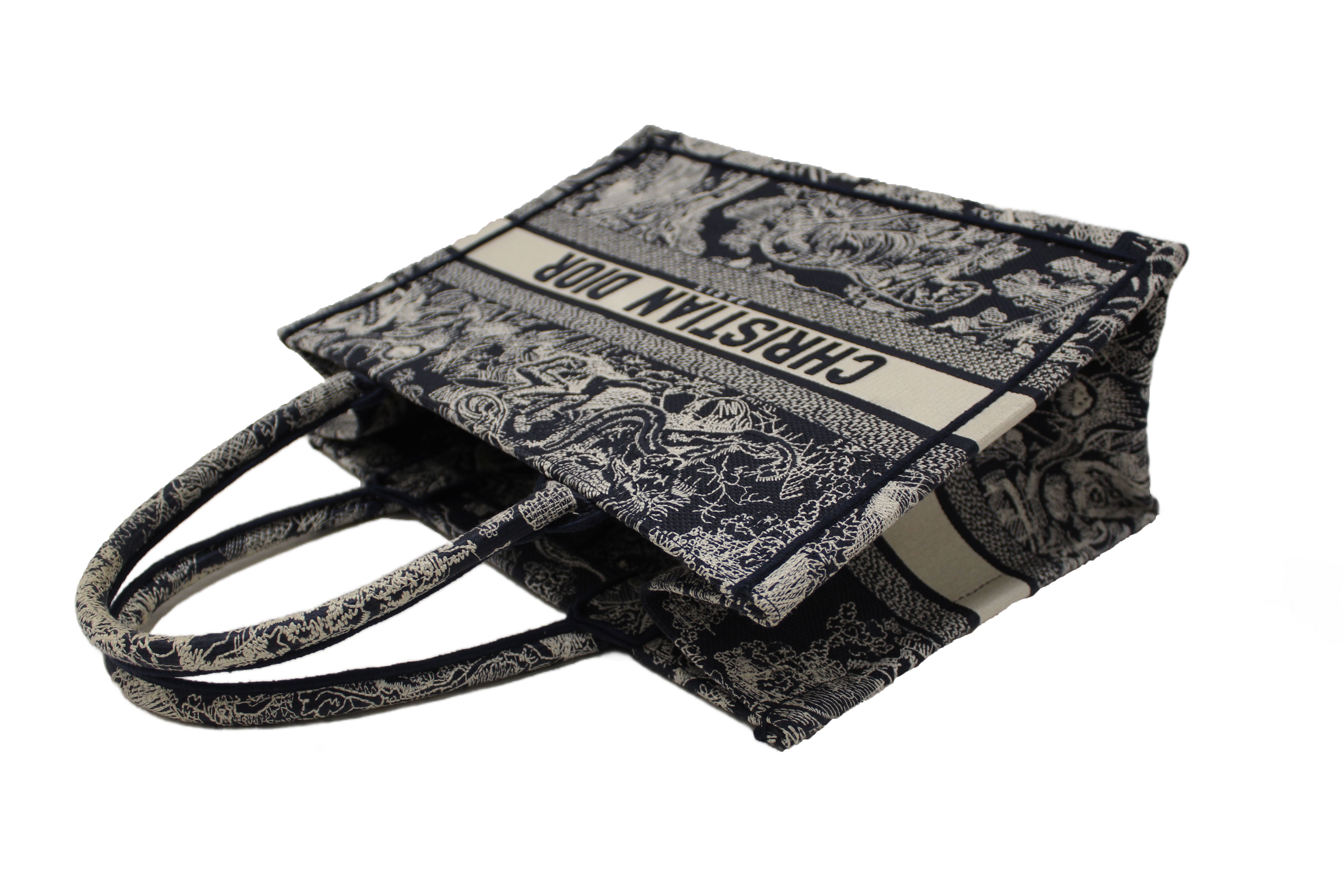 Authentic Christian Dior Blue and Ecru Toile de Jouy Reverse Embroidery Medium Dior Book Tote