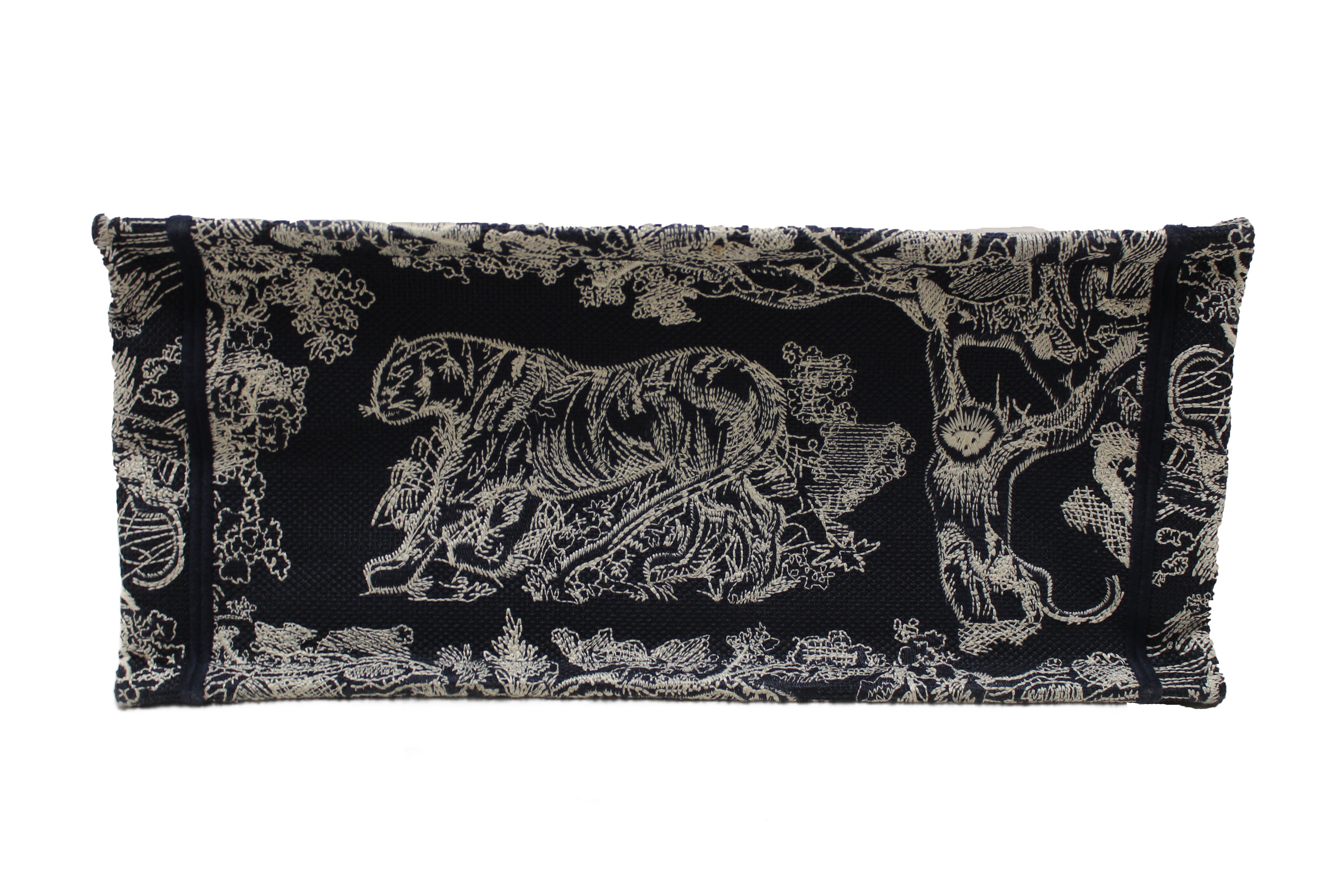 Authentic Christian Dior Blue and Ecru Toile de Jouy Reverse Embroidery Medium Dior Book Tote