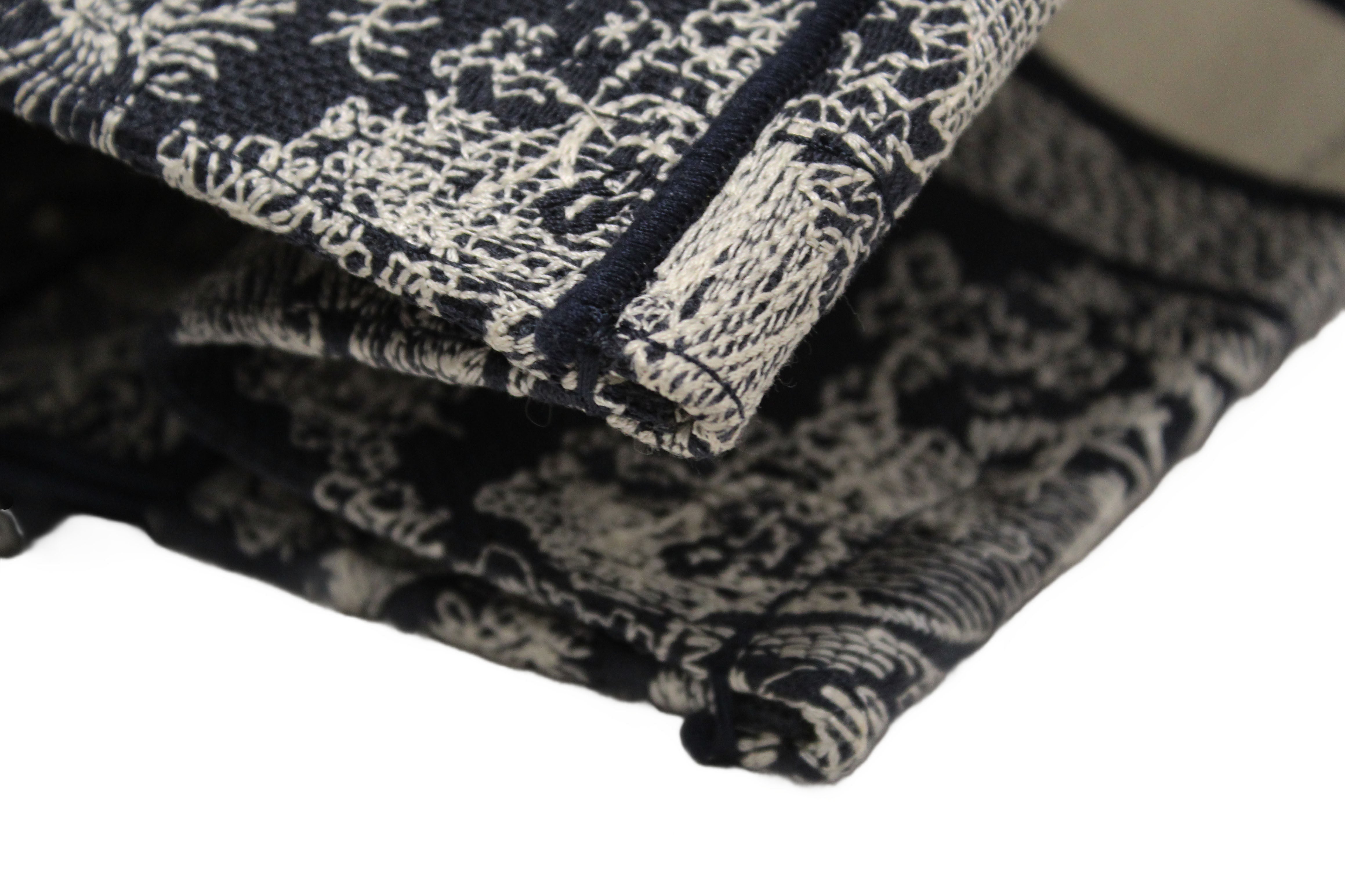 Authentic Christian Dior Blue and Ecru Toile de Jouy Reverse Embroidery Medium Dior Book Tote