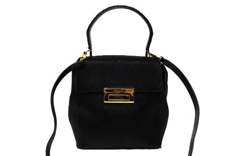 Authentic Salvatore Ferragamo Black Pony Hair Top Handle Bag