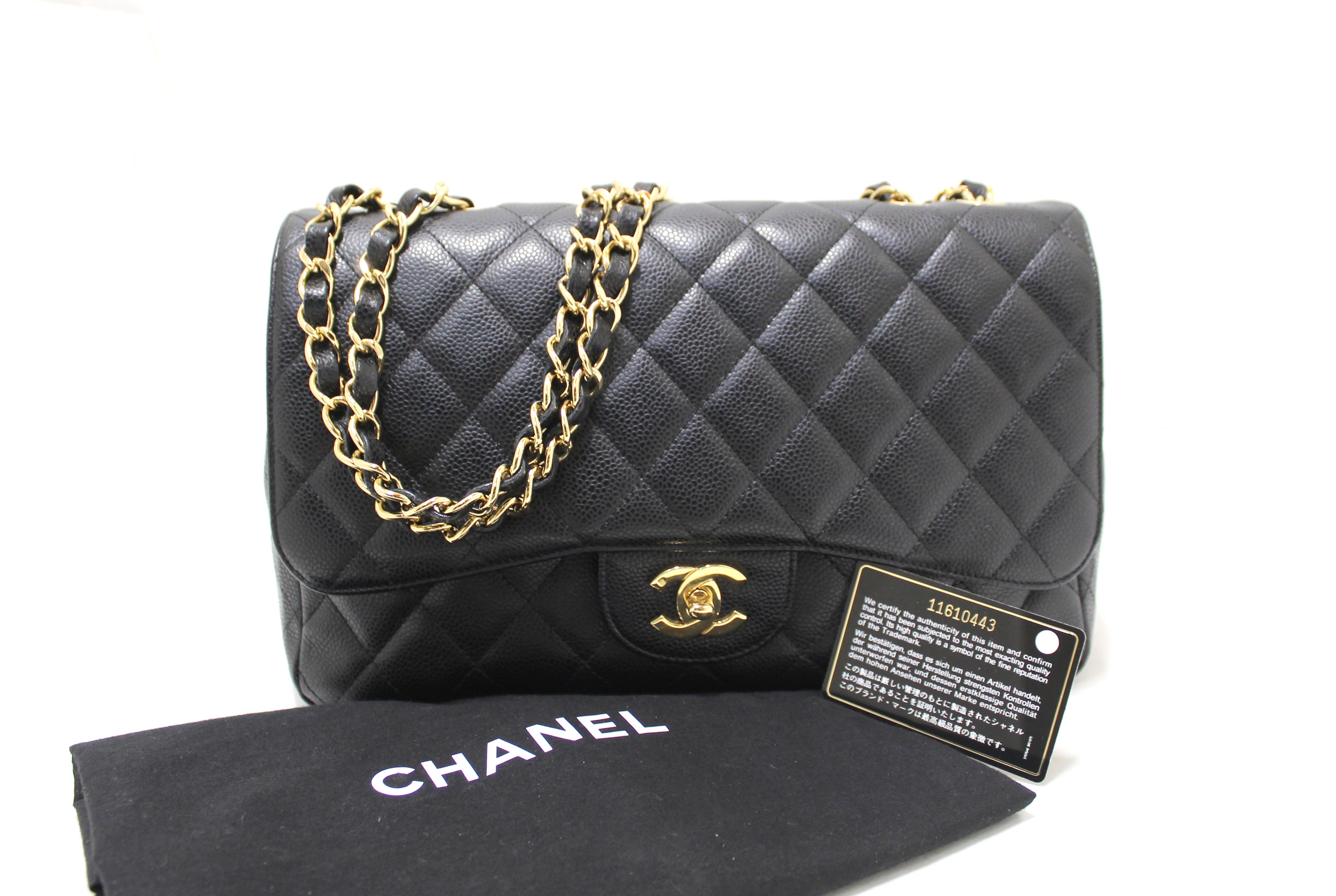 Authentic Chanel Black Quilted Caviar Leather Classic Jumbo Single