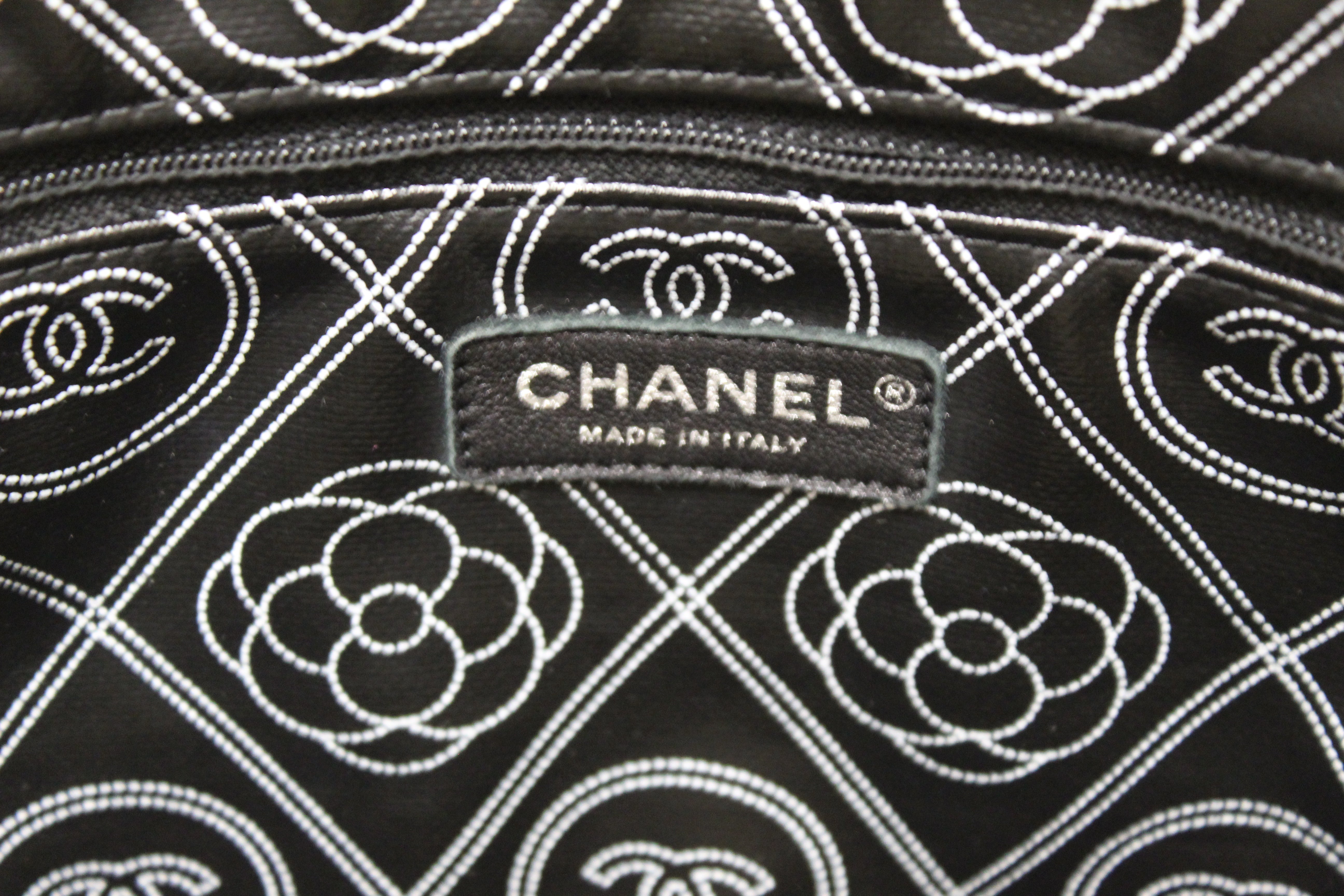 Authentic Chanel Black and Beige Coated Canvas Camellia Flower Tote Bag