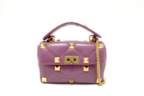 Authentic NEW Valentino Garavani Large Roman Stud Purple Nappa Leather Shoulder Bag