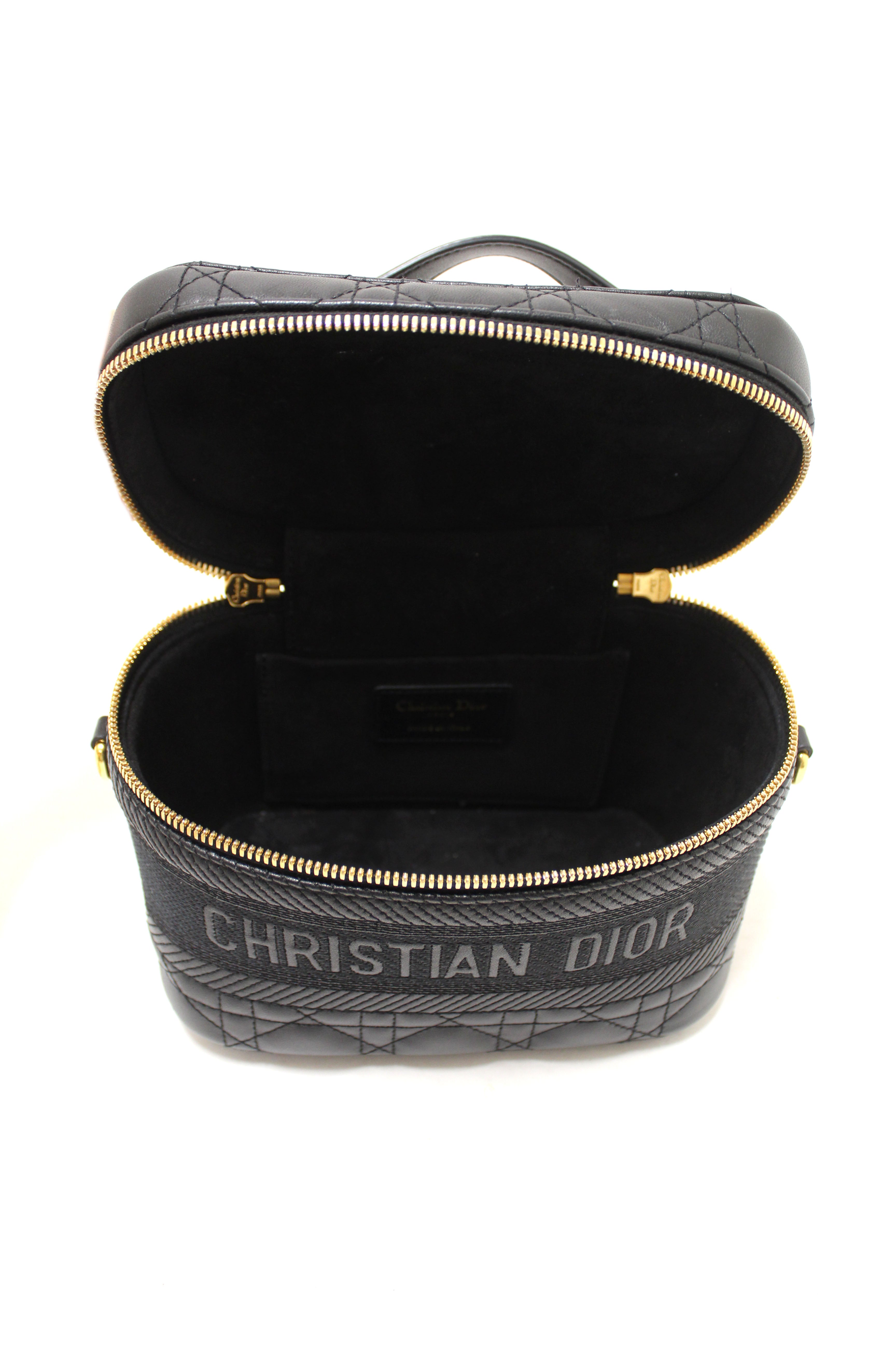 Authentic Christian Dior Black Lambskin Small Diortravel Vanity Case Crossbody Bag