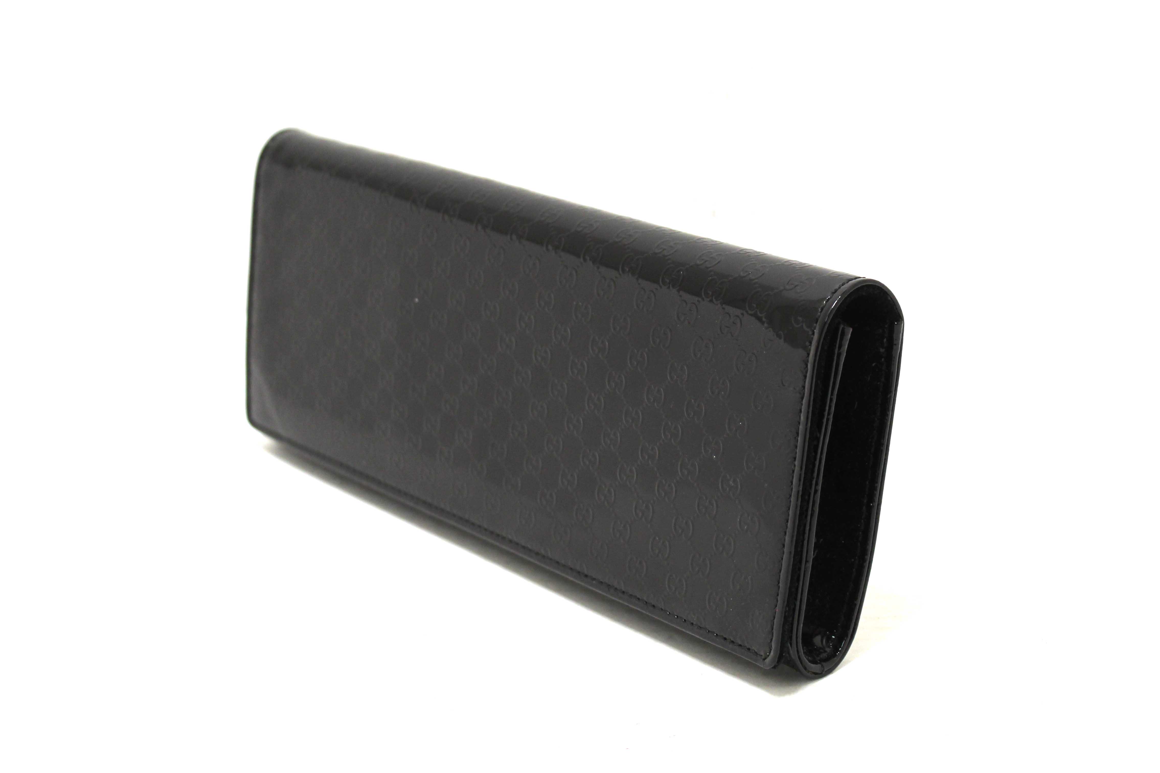 Authentic Gucci Black Patent MicroGuccissima Small Broadway Clutch