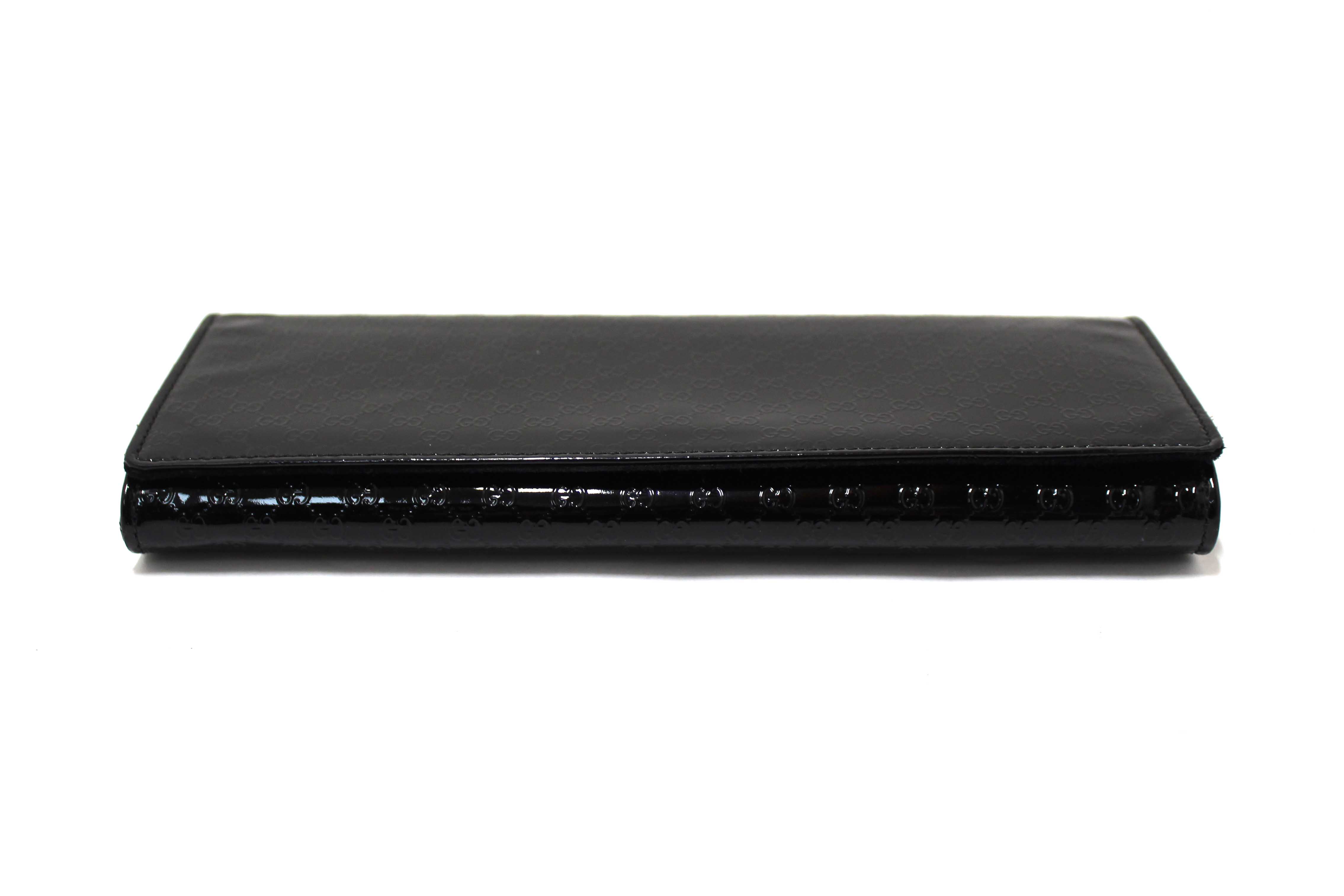 Authentic Gucci Black Patent MicroGuccissima Small Broadway Clutch