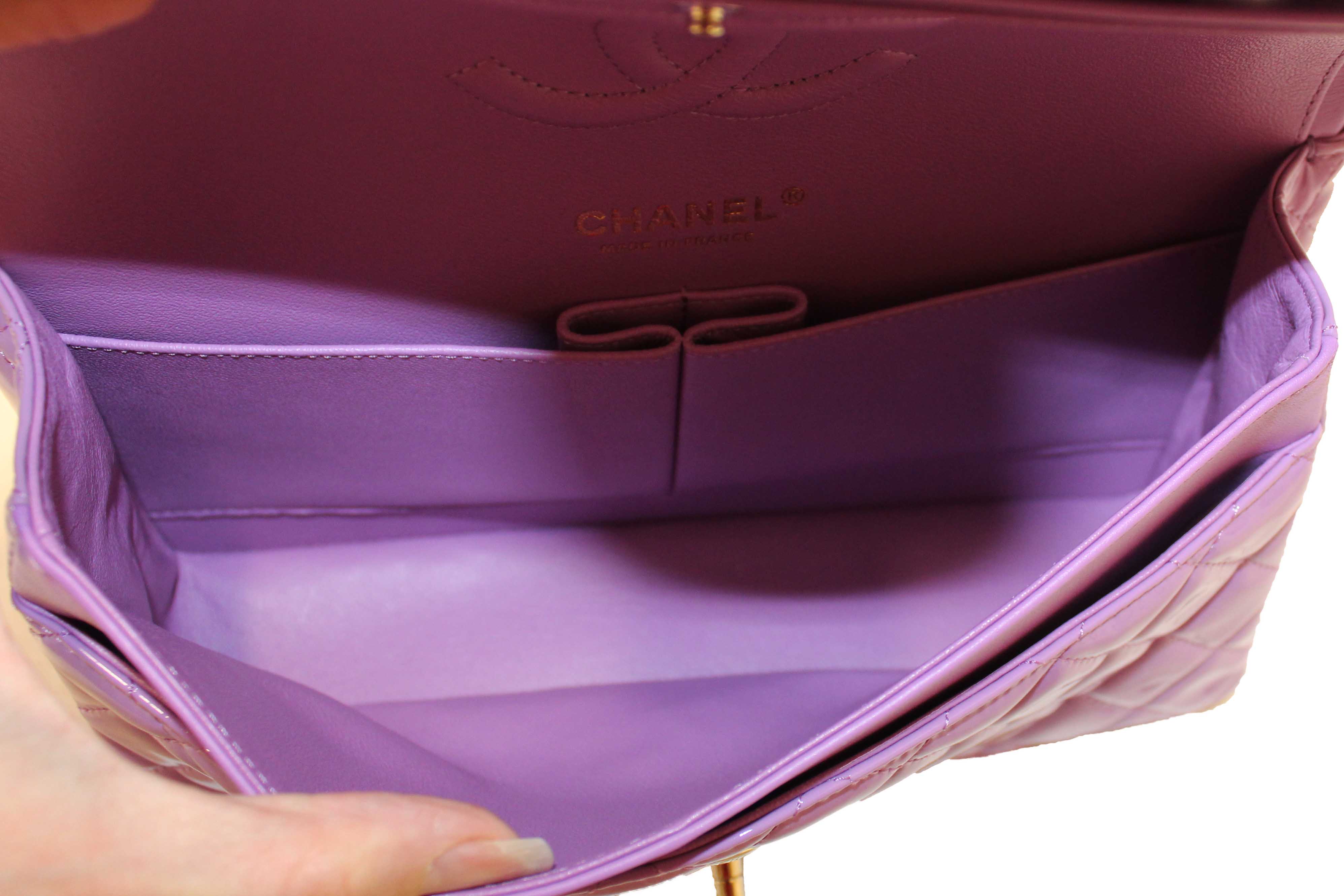 Authentic Chanel Purple Quilted Patent Leather Classic Medium Double Flap Bag