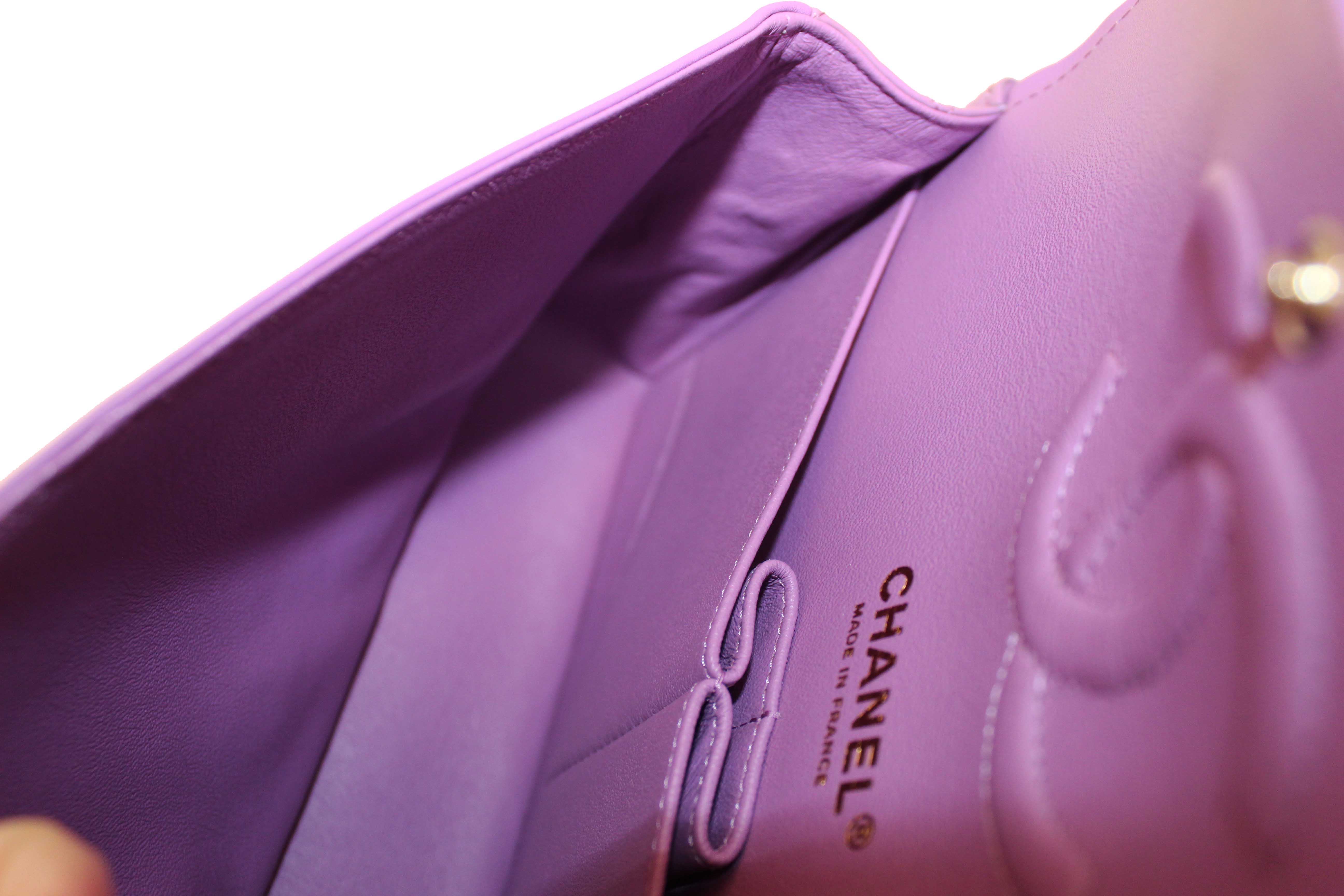 Authentic Chanel Purple Quilted Patent Leather Classic Medium Double Flap Bag