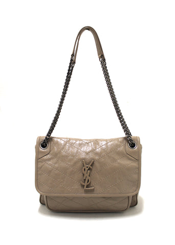 Authentic Yves Saint Laurent YSL Greyish Brown Chevron Quilted Vinatge Leather Medium Niki Bag