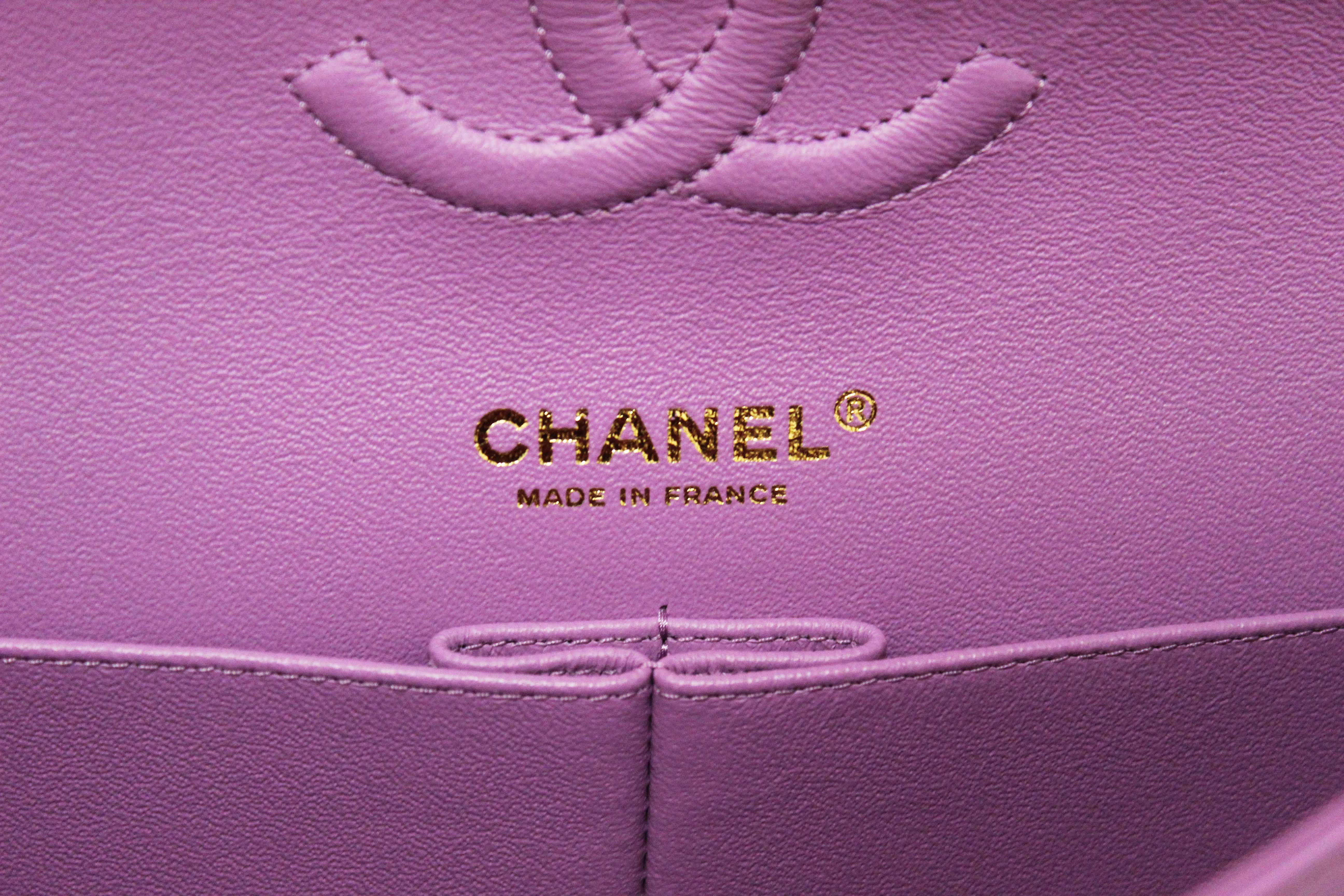 Authentic Chanel Purple Quilted Patent Leather Classic Medium Double Flap Bag