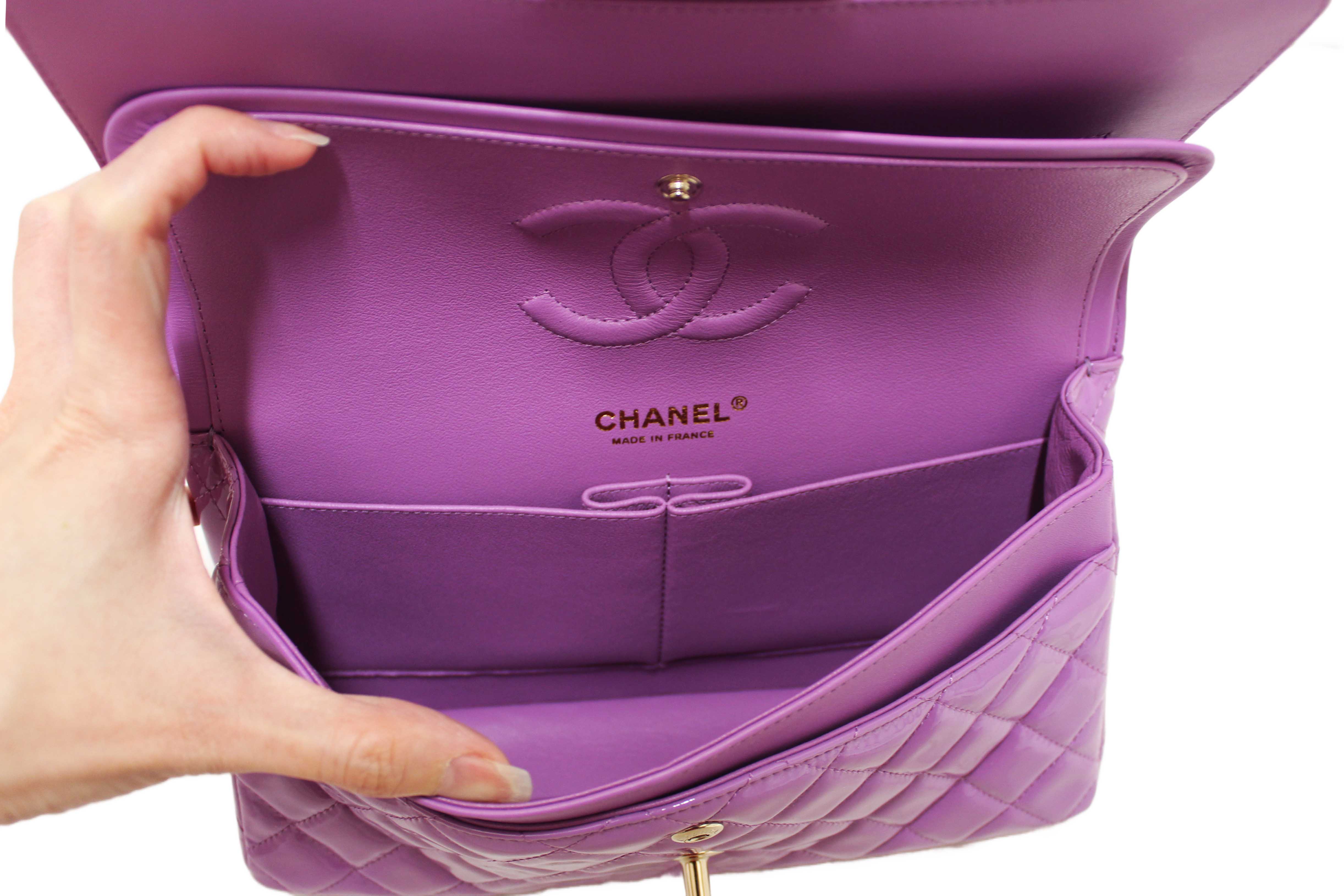 Authentic Chanel Purple Quilted Patent Leather Classic Medium Double Flap Bag