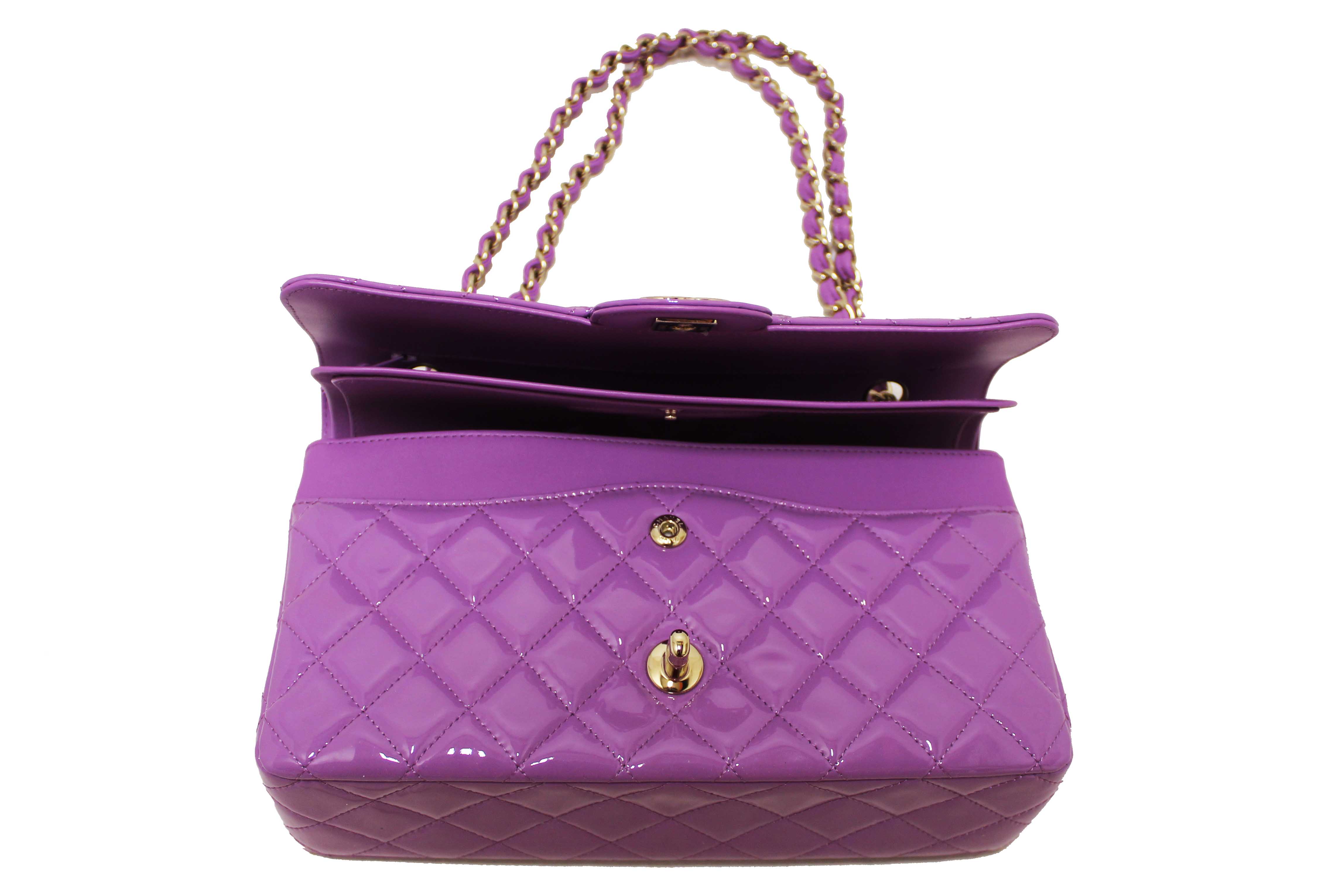 Authentic Chanel Purple Quilted Patent Leather Classic Medium Double Flap Bag