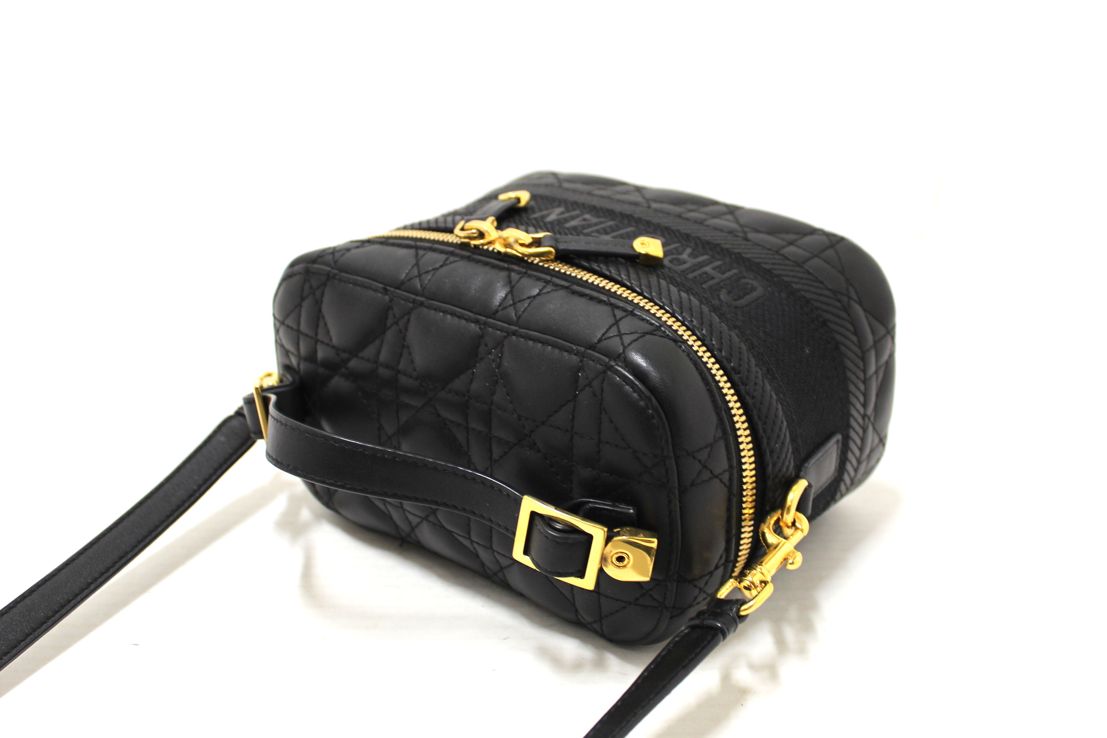 Authentic Christian Dior Black Lambskin Small Diortravel Vanity Case Crossbody Bag