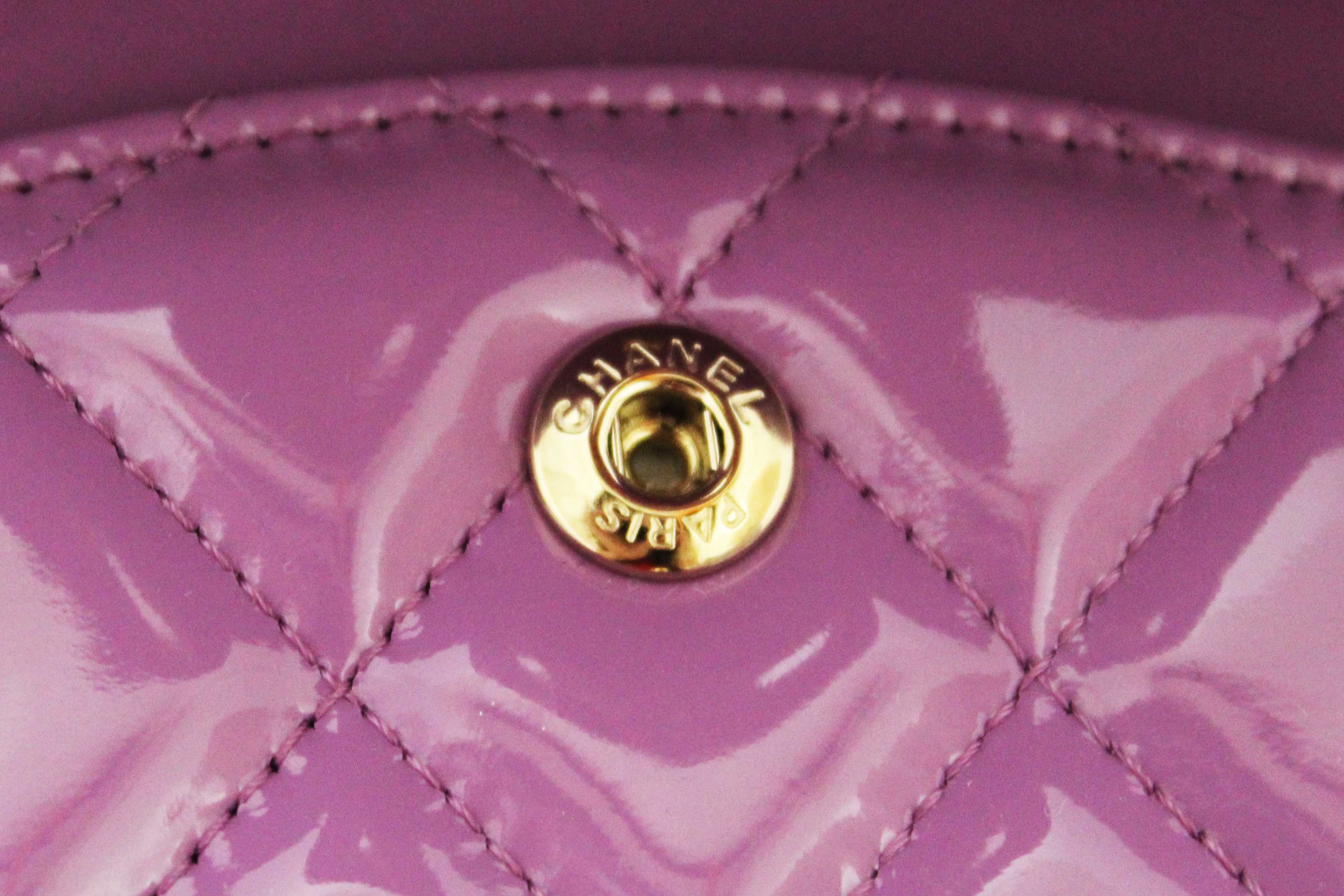 Authentic Chanel Purple Quilted Patent Leather Classic Medium Double Flap Bag