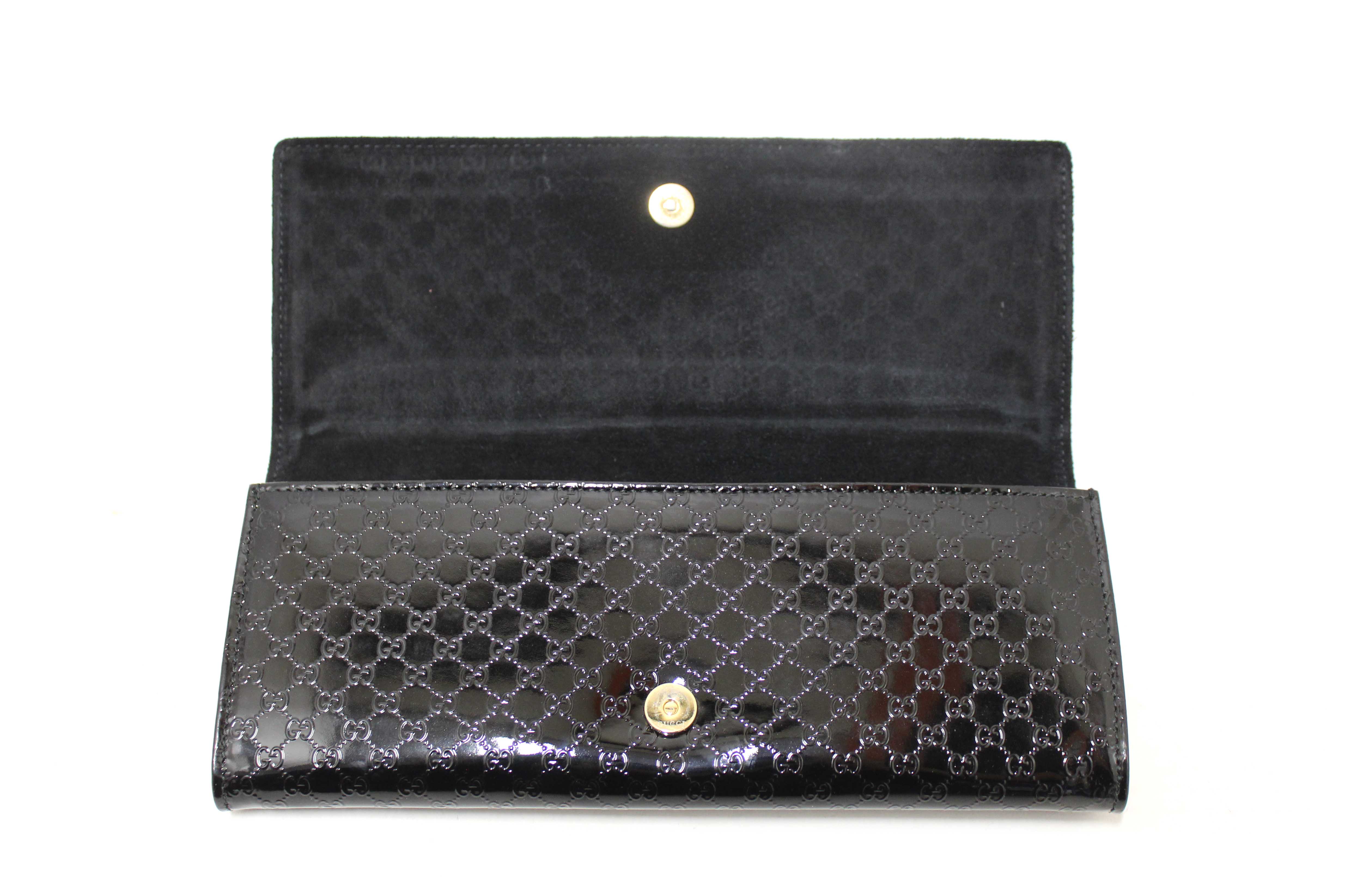 Authentic Gucci Black Patent MicroGuccissima Small Broadway Clutch