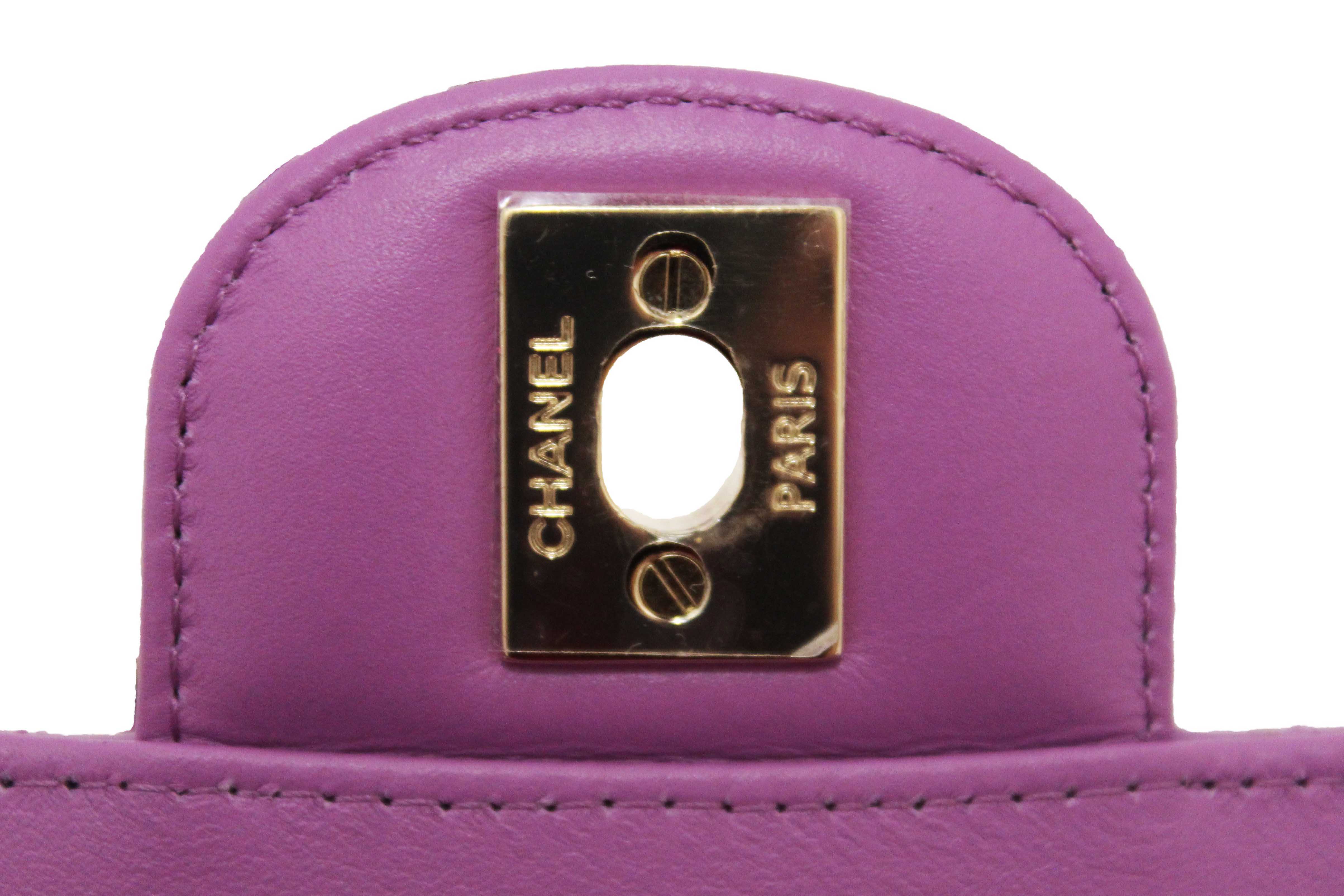 Authentic Chanel Purple Quilted Patent Leather Classic Medium Double Flap Bag