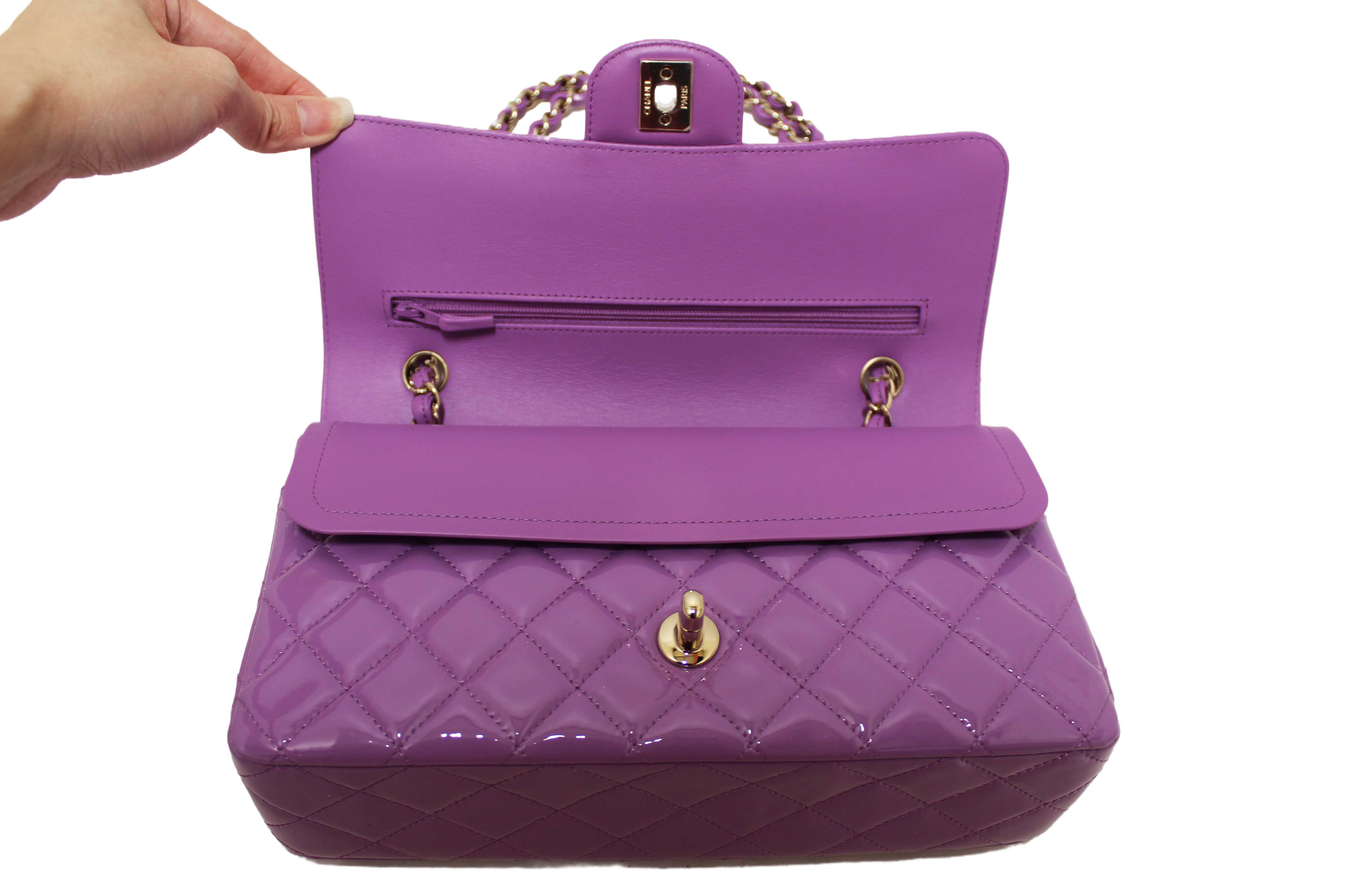 Authentic Chanel Purple Quilted Patent Leather Classic Medium Double Flap Bag