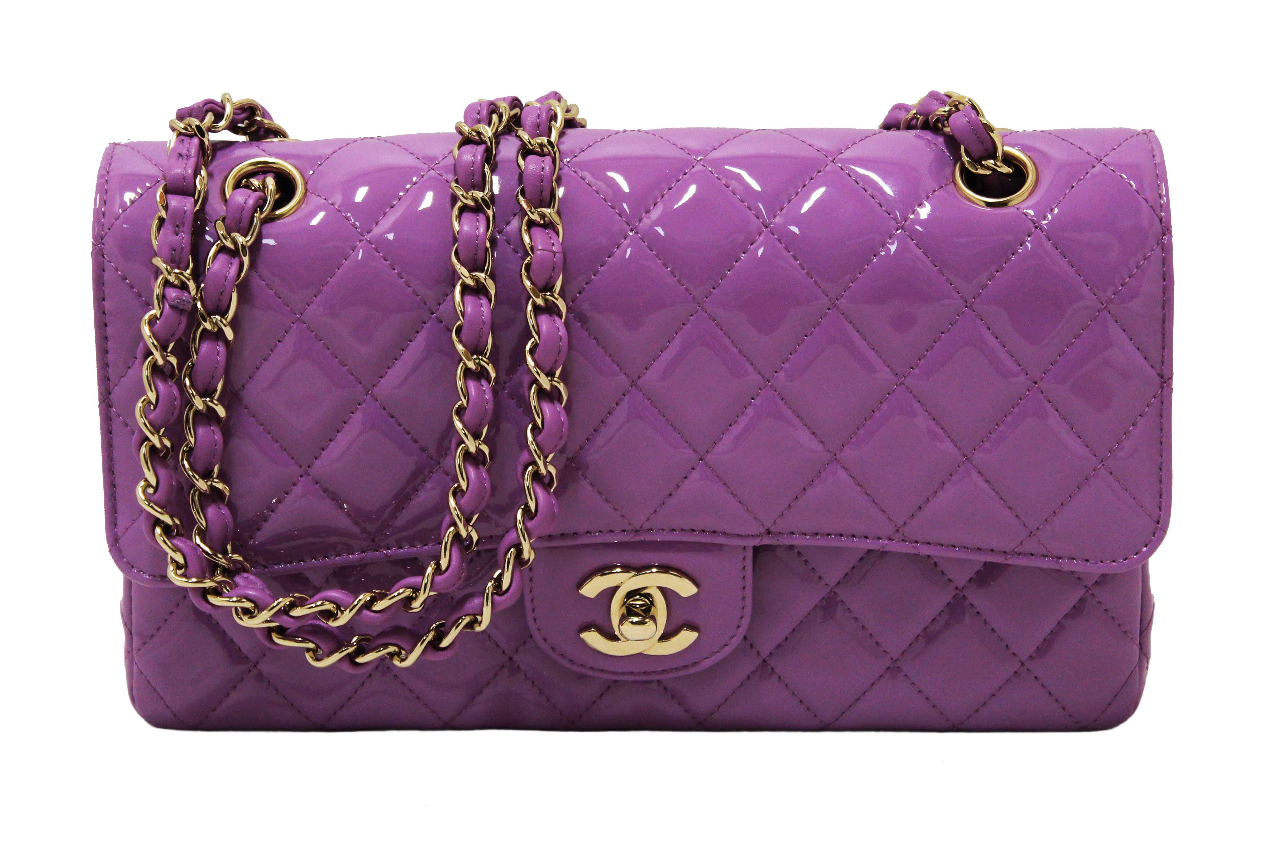 Authentic Chanel Purple Quilted Patent Leather Classic Medium Double Flap Bag