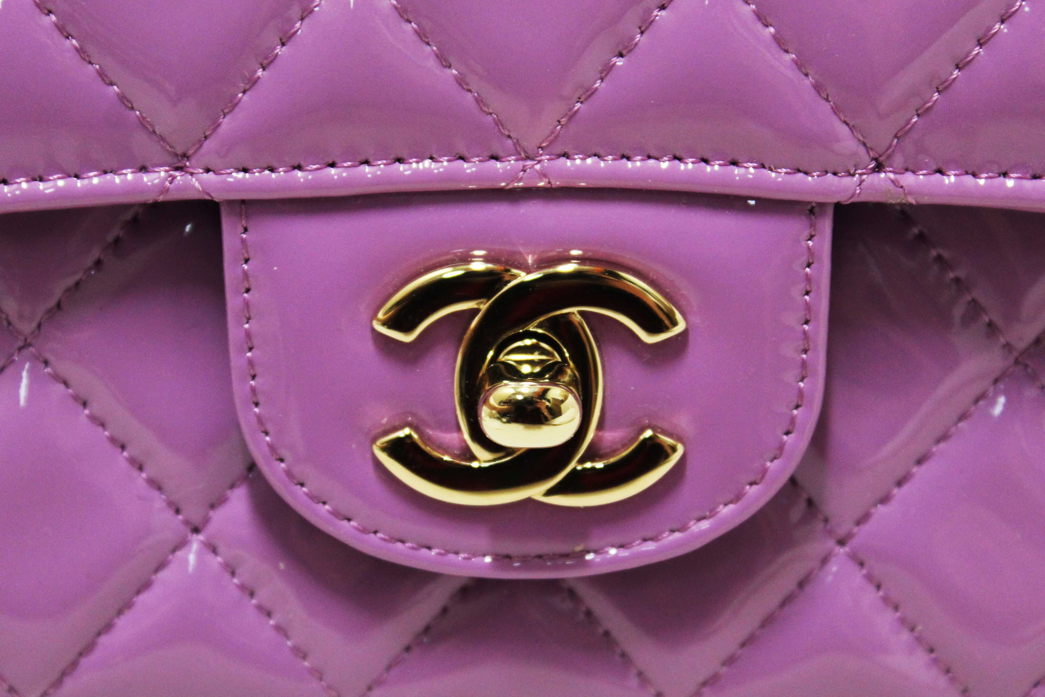 Authentic Chanel Purple Quilted Patent Leather Classic Medium Double Flap Bag