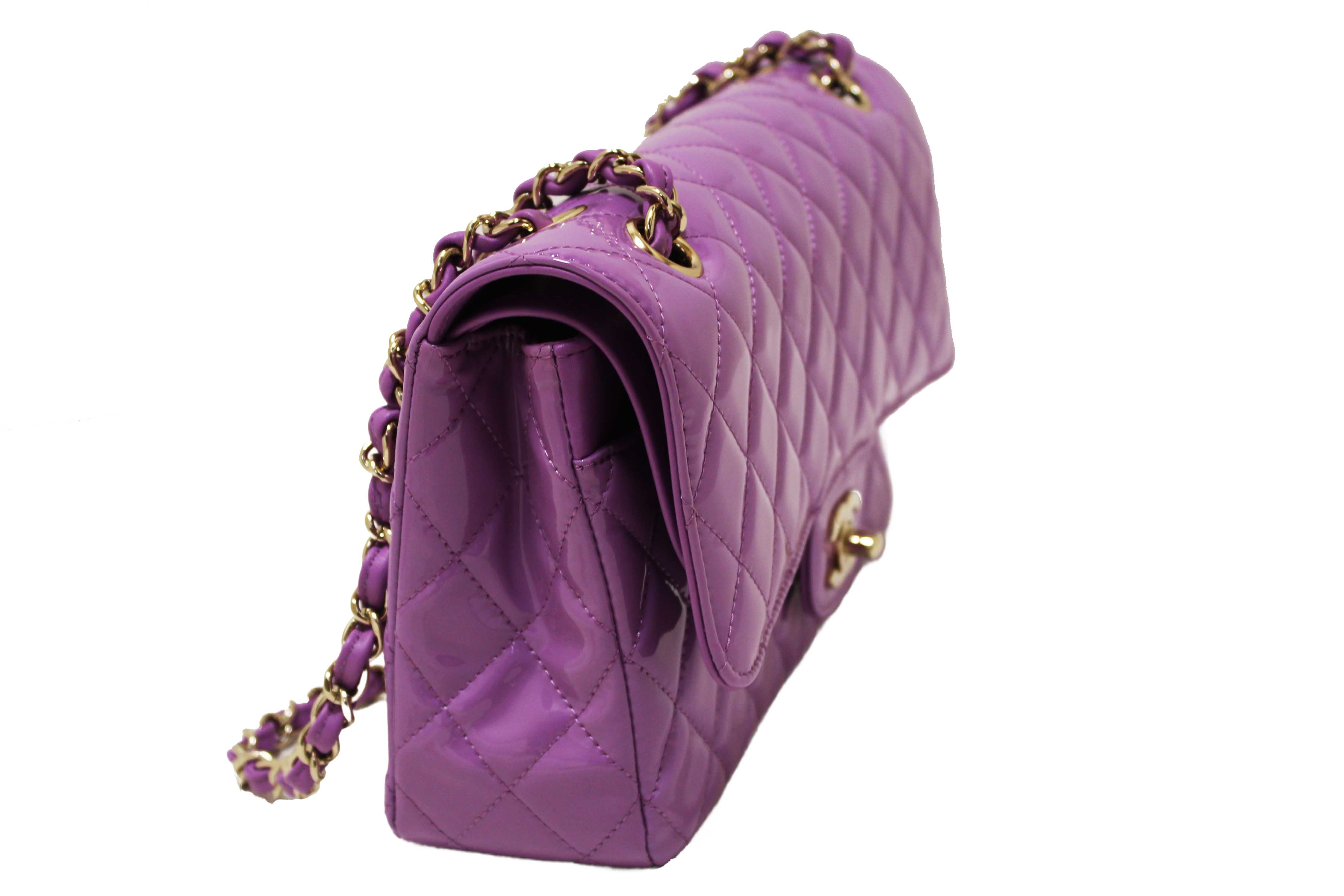 Authentic Chanel Purple Quilted Patent Leather Classic Medium Double Flap Bag