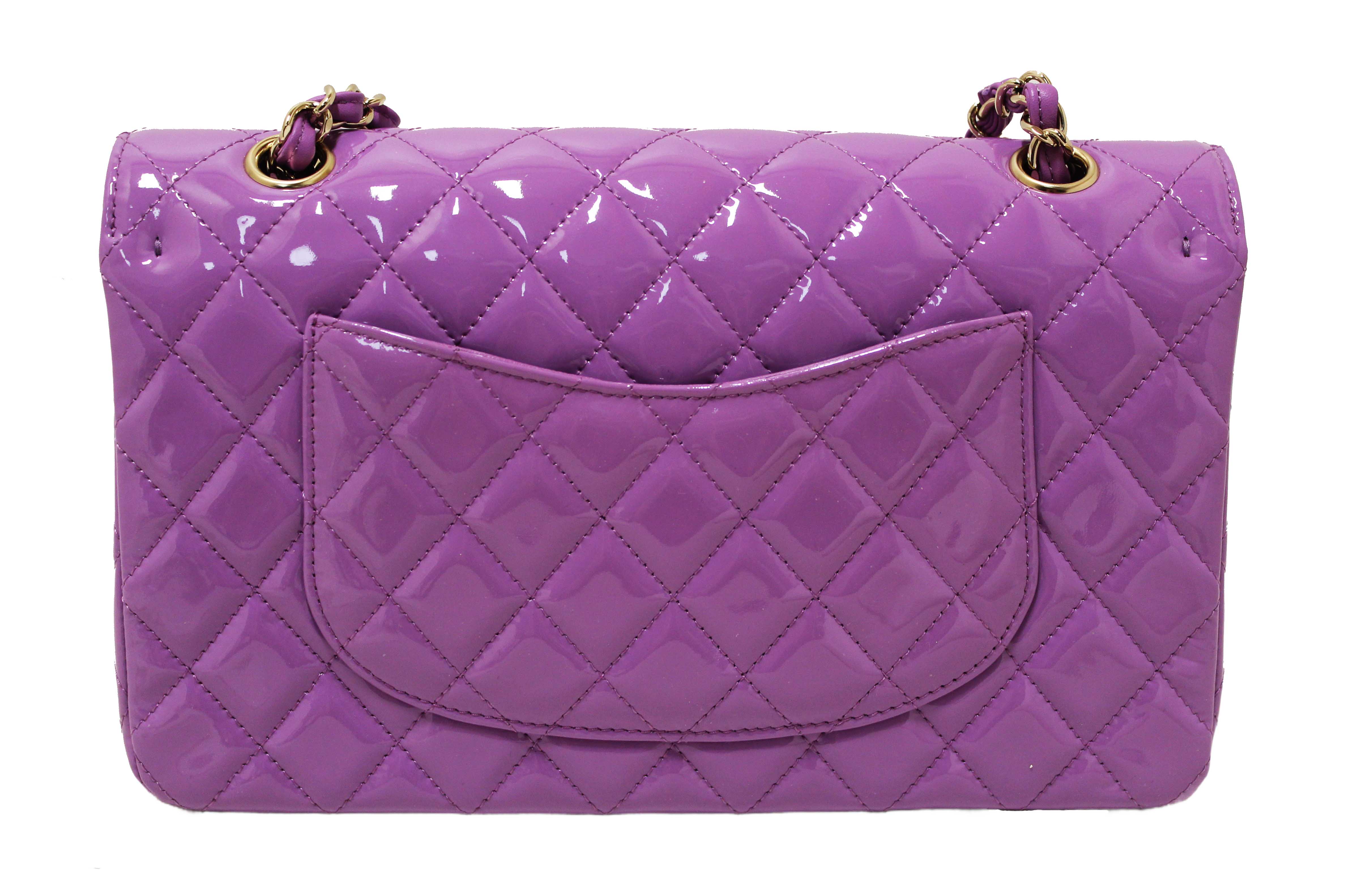 Authentic Chanel Purple Quilted Patent Leather Classic Medium Double Flap Bag