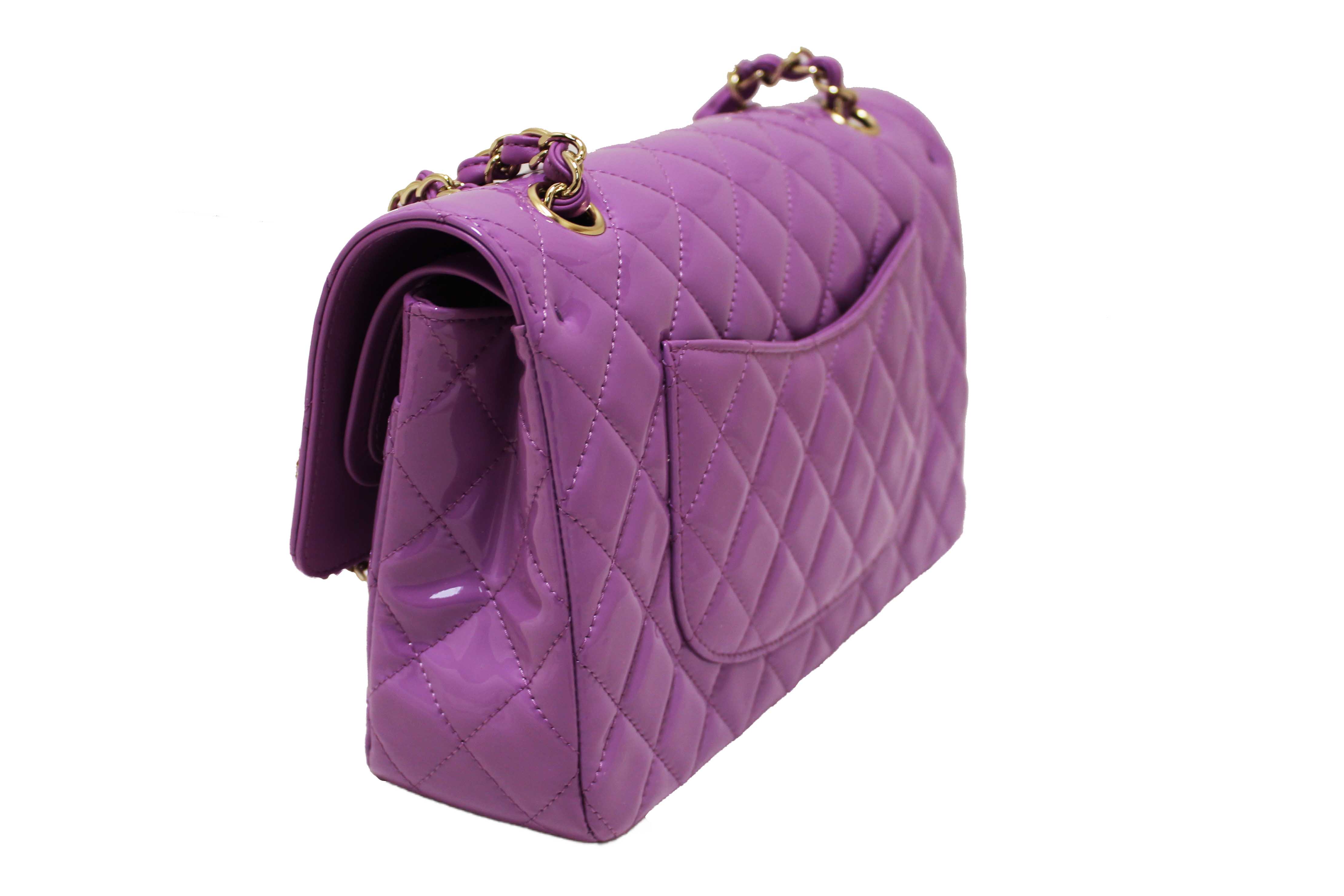 Authentic Chanel Purple Quilted Patent Leather Classic Medium Double Flap Bag