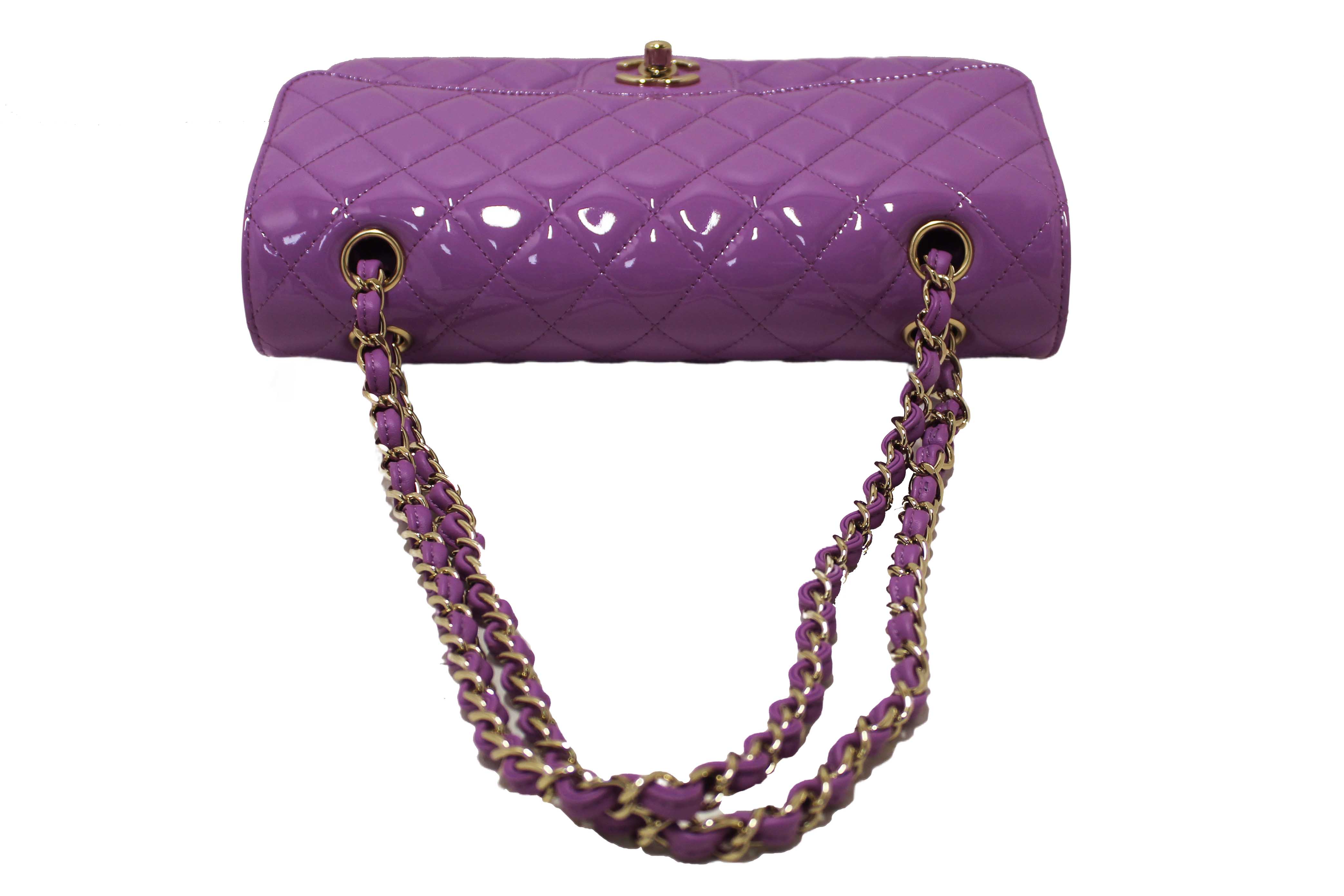 Authentic Chanel Purple Quilted Patent Leather Classic Medium Double Flap Bag