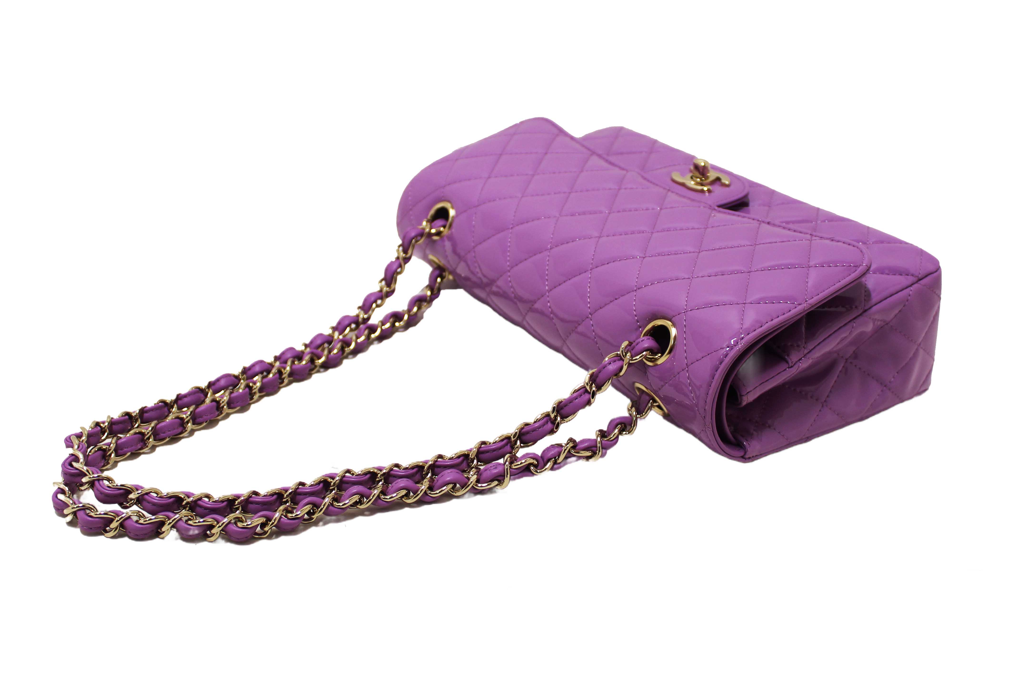 Authentic Chanel Purple Quilted Patent Leather Classic Medium Double Flap Bag