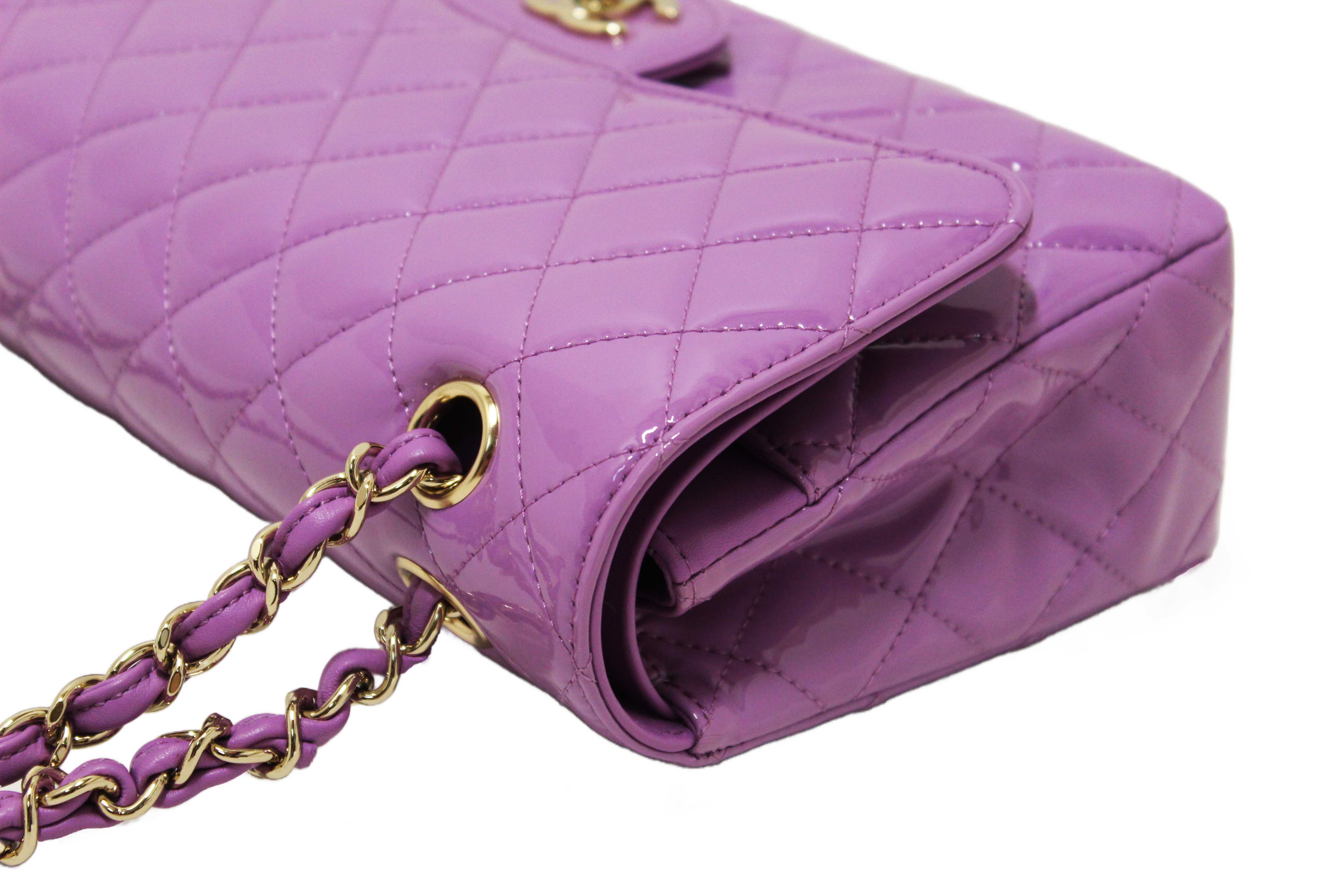 Authentic Chanel Purple Quilted Patent Leather Classic Medium Double Flap Bag