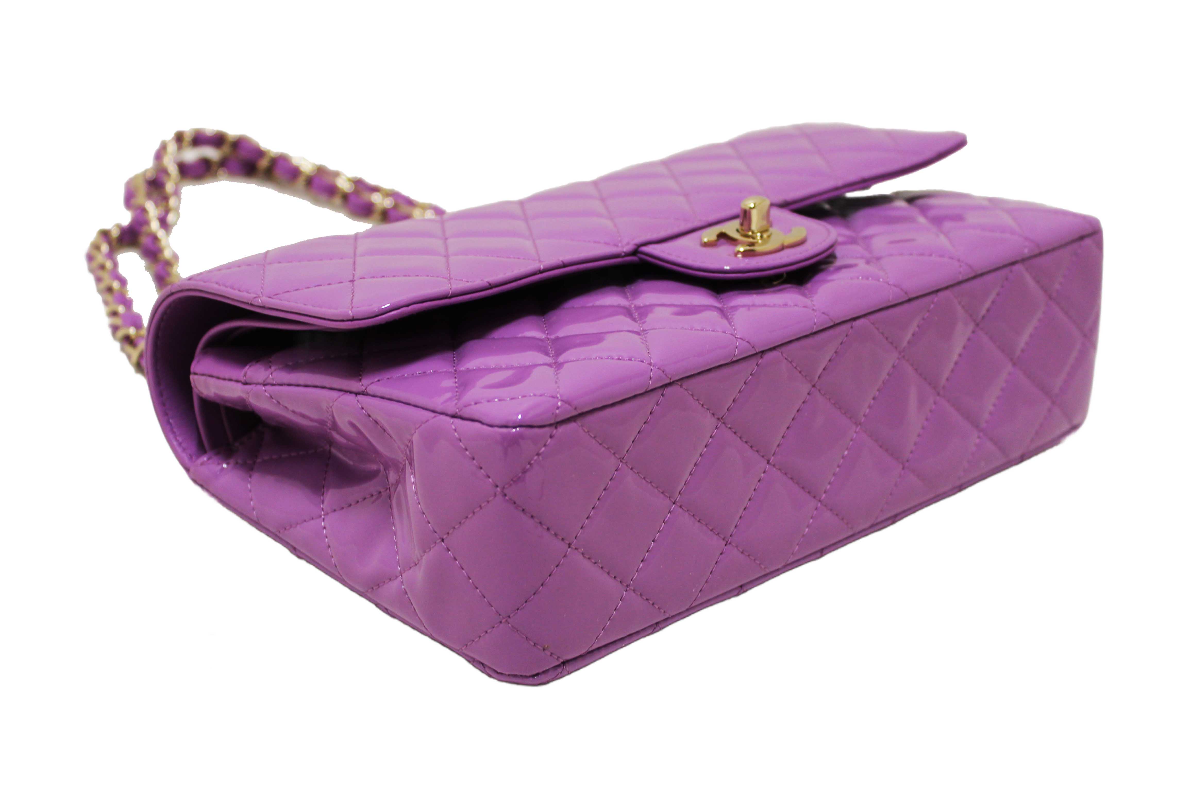 Authentic Chanel Purple Quilted Patent Leather Classic Medium Double Flap Bag