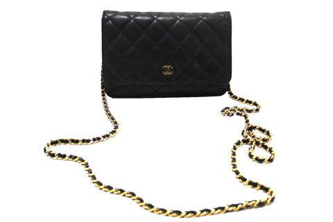 Authentic Chanel Black Quilted Caviar Leather Wallet On Chain WOC Messenger Bag