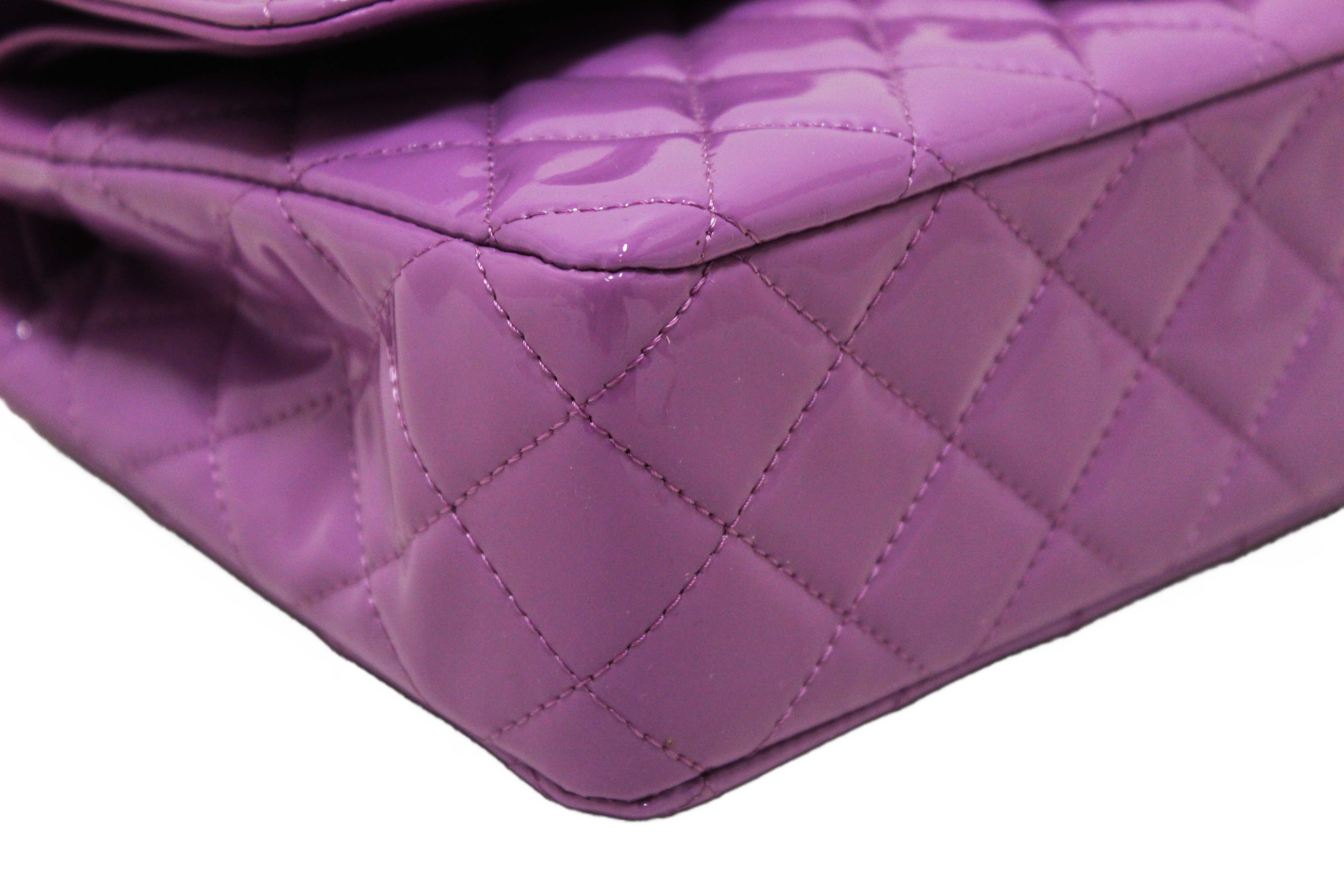 Authentic Chanel Purple Quilted Patent Leather Classic Medium Double Flap Bag