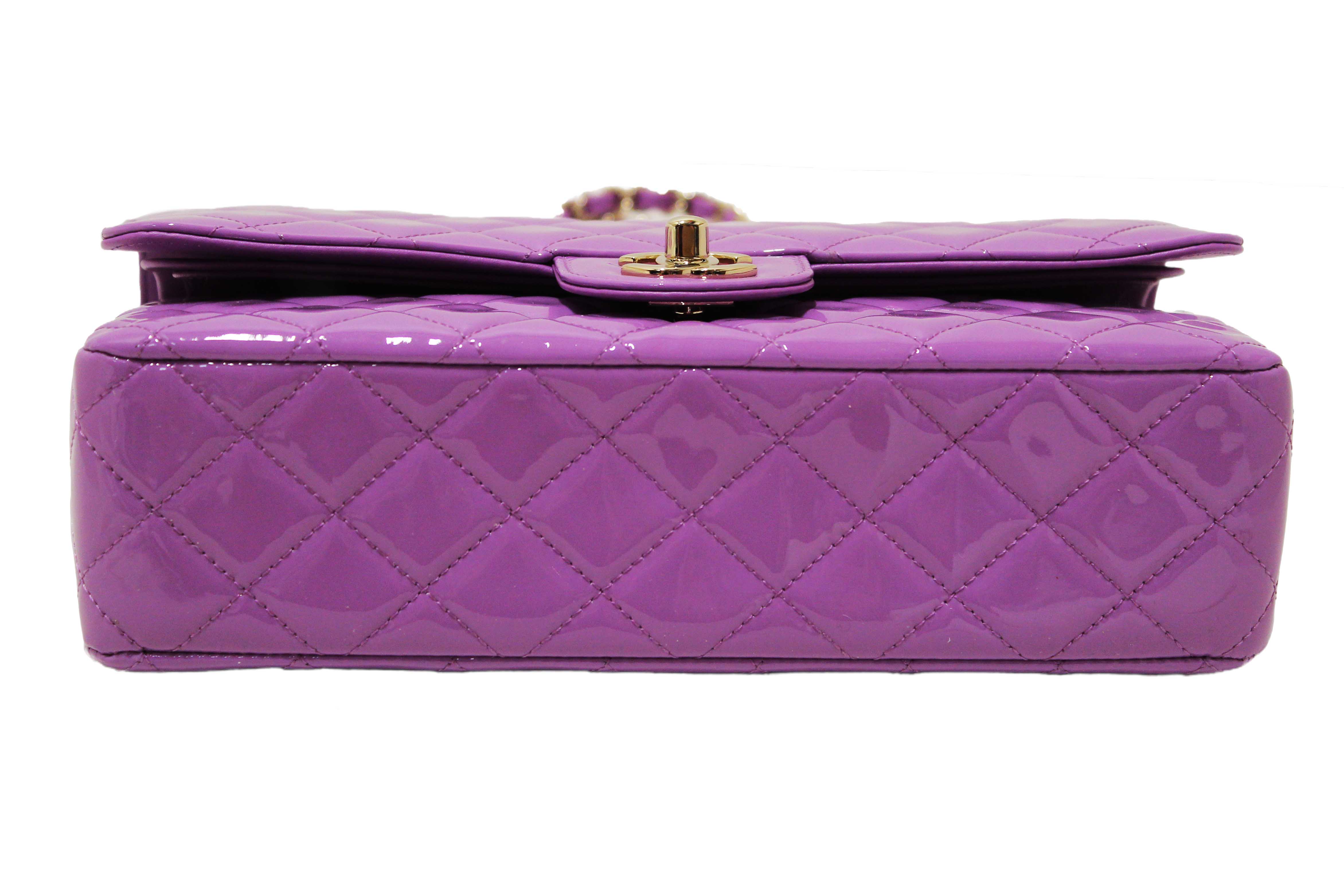Authentic Chanel Purple Quilted Patent Leather Classic Medium Double Flap Bag