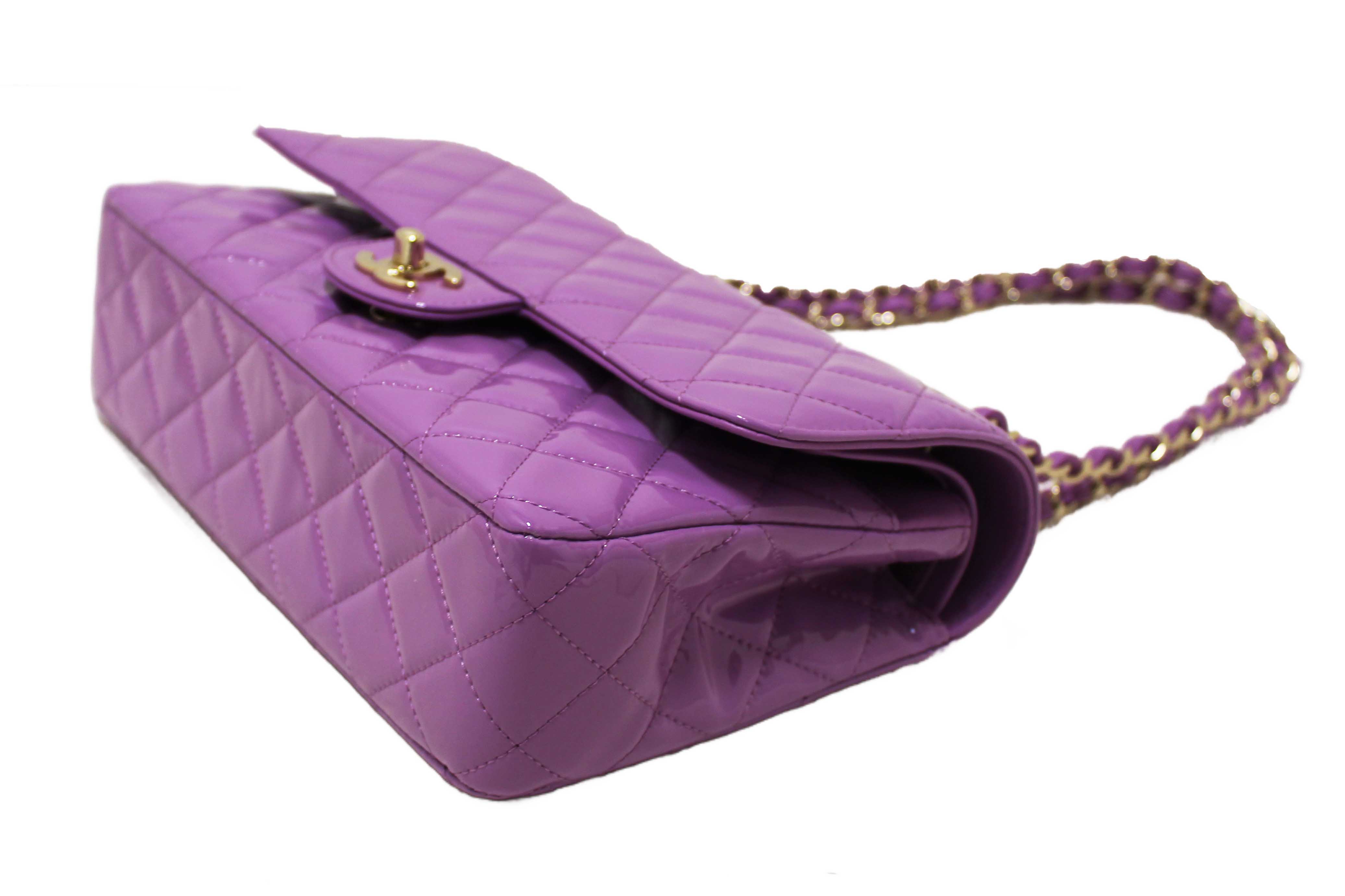 Authentic Chanel Purple Quilted Patent Leather Classic Medium Double Flap Bag