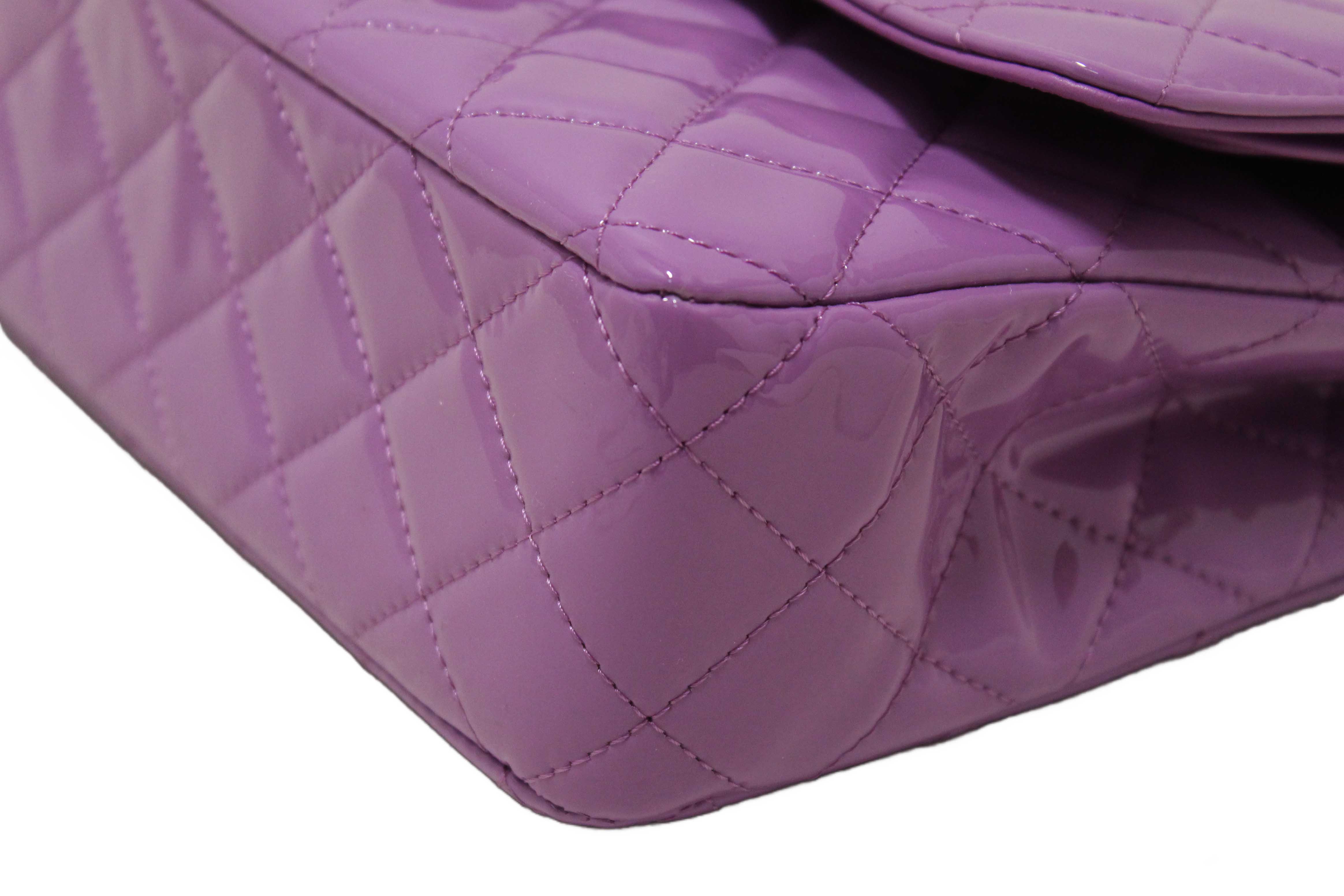 Authentic Chanel Purple Quilted Patent Leather Classic Medium Double Flap Bag