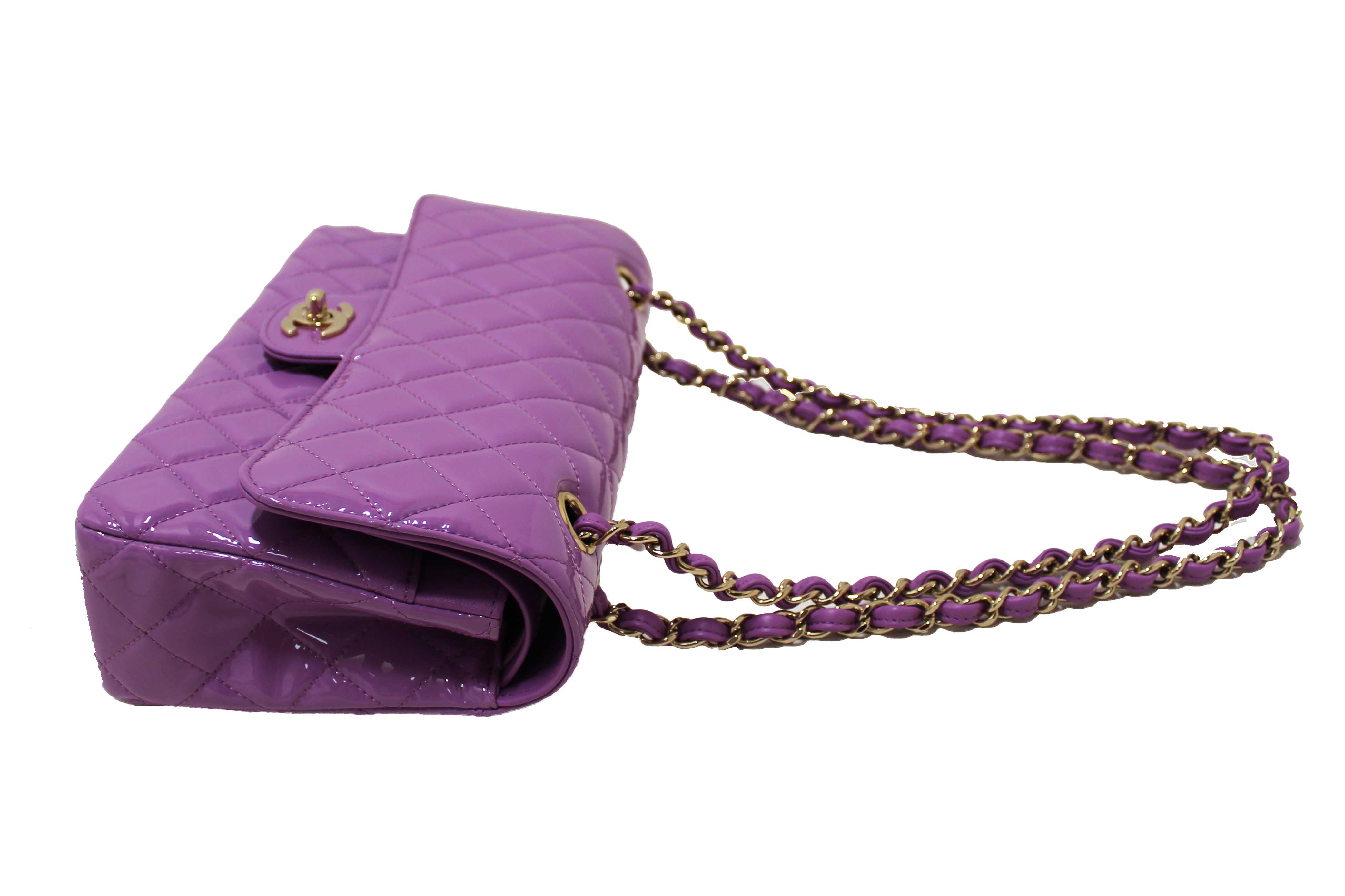 Authentic Chanel Purple Quilted Patent Leather Classic Medium Double Flap Bag