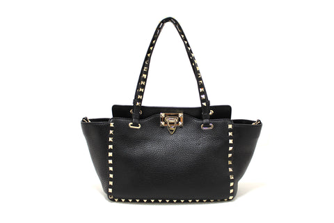 Authentic Valentino Black Small Rockstud Calfskin Leather Tote Shoulder Bag