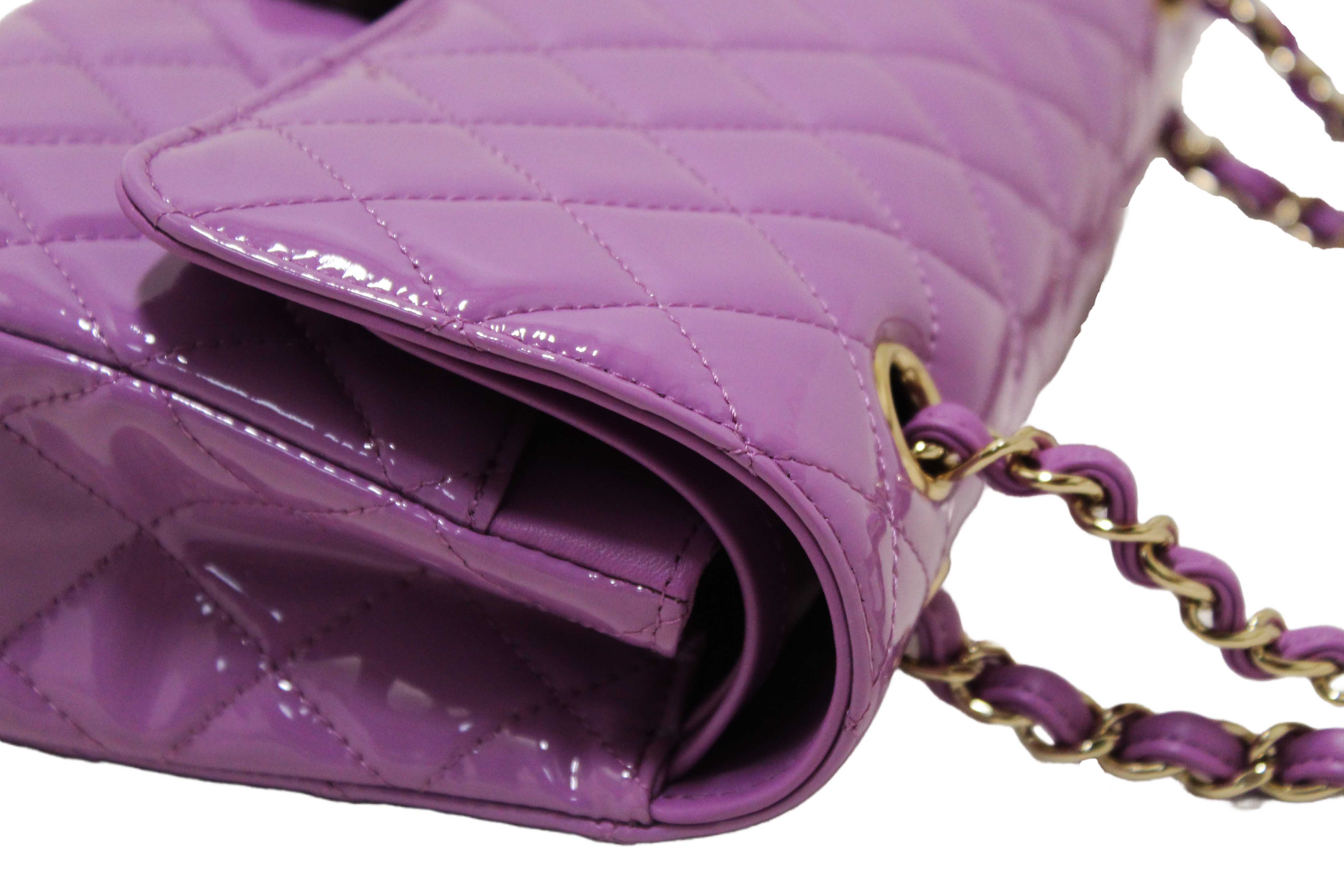 Authentic Chanel Purple Quilted Patent Leather Classic Medium Double Flap Bag