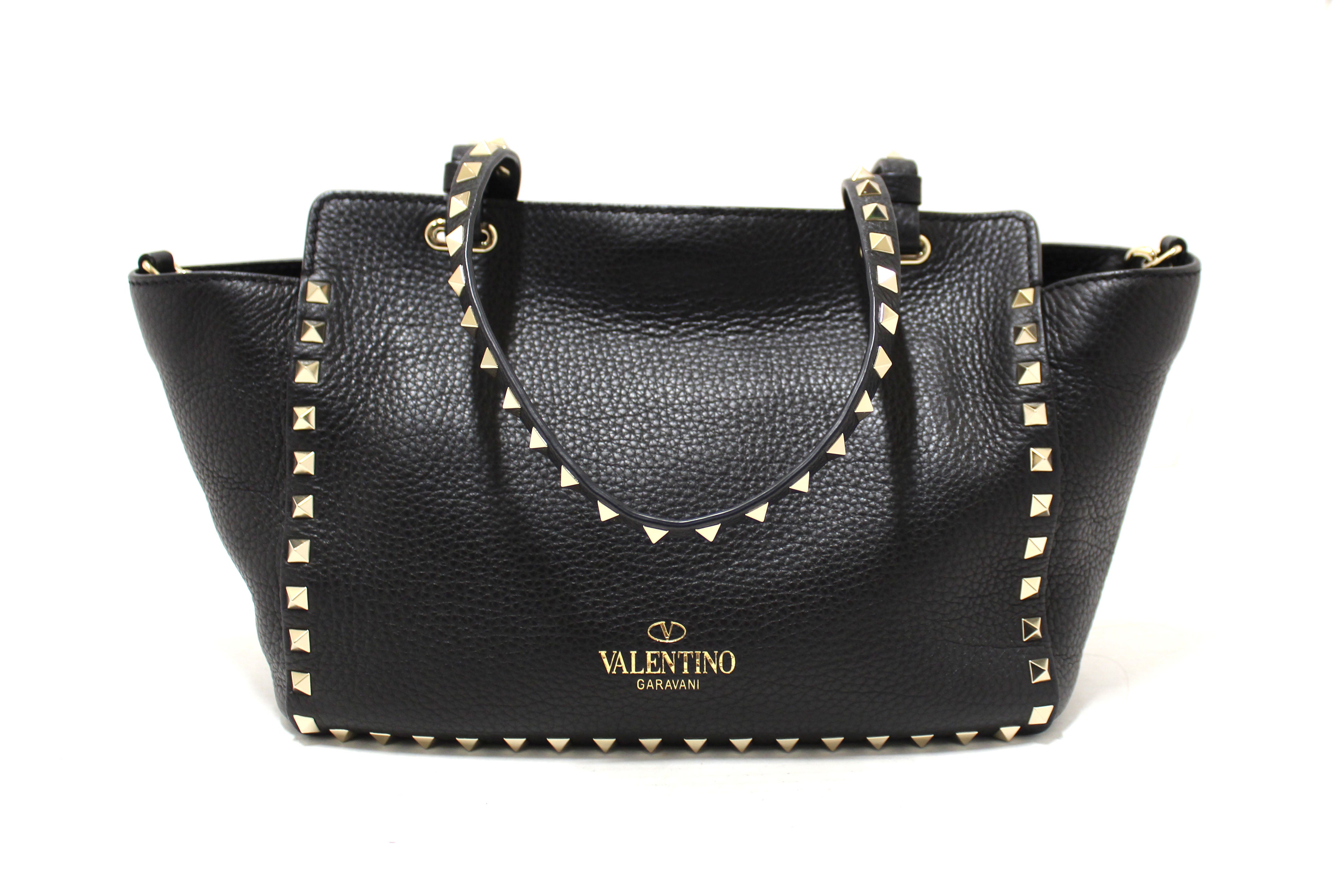 Authentic Valentino Black Small Rockstud Calfskin Leather Tote Shoulder Bag