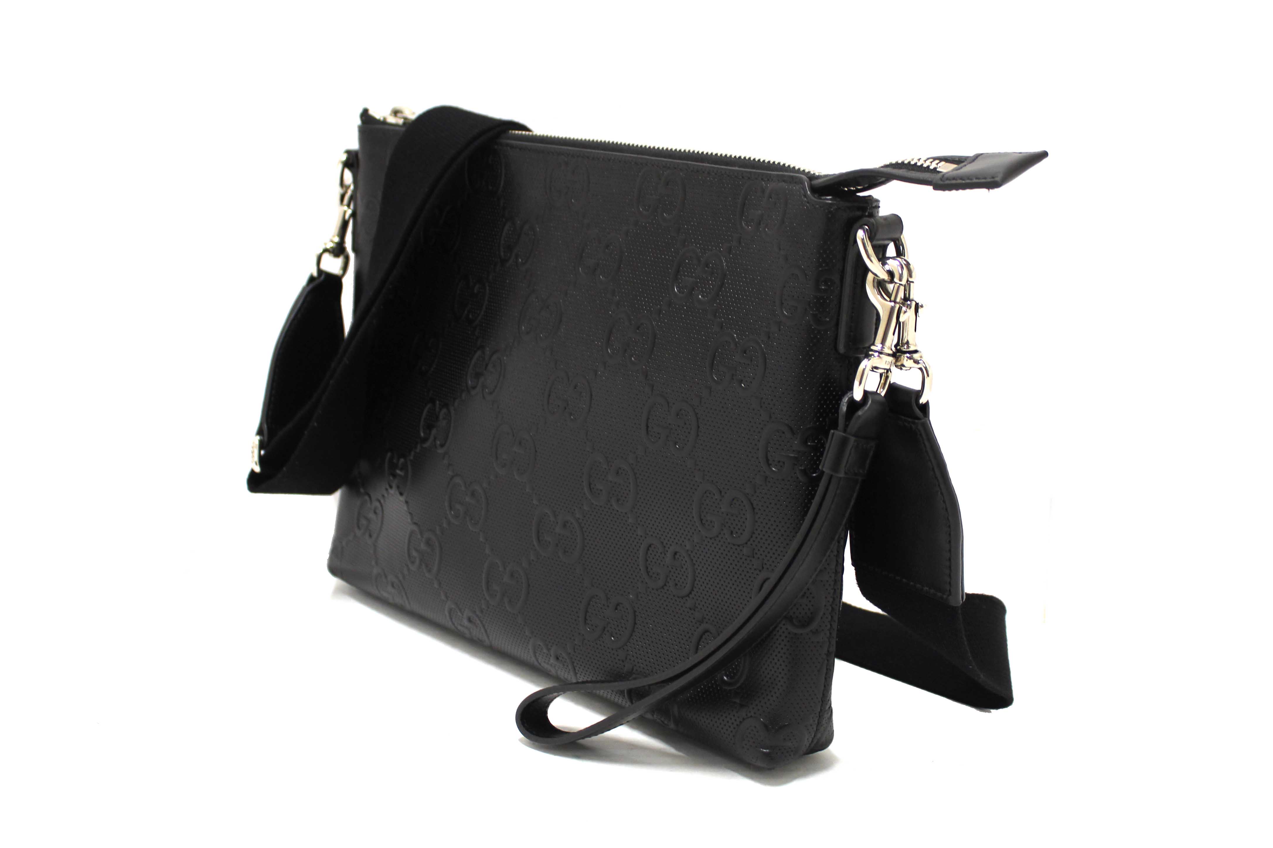 Authentic Gucci Black Perforated Embossed GG Leather Medium Crossbody Bag