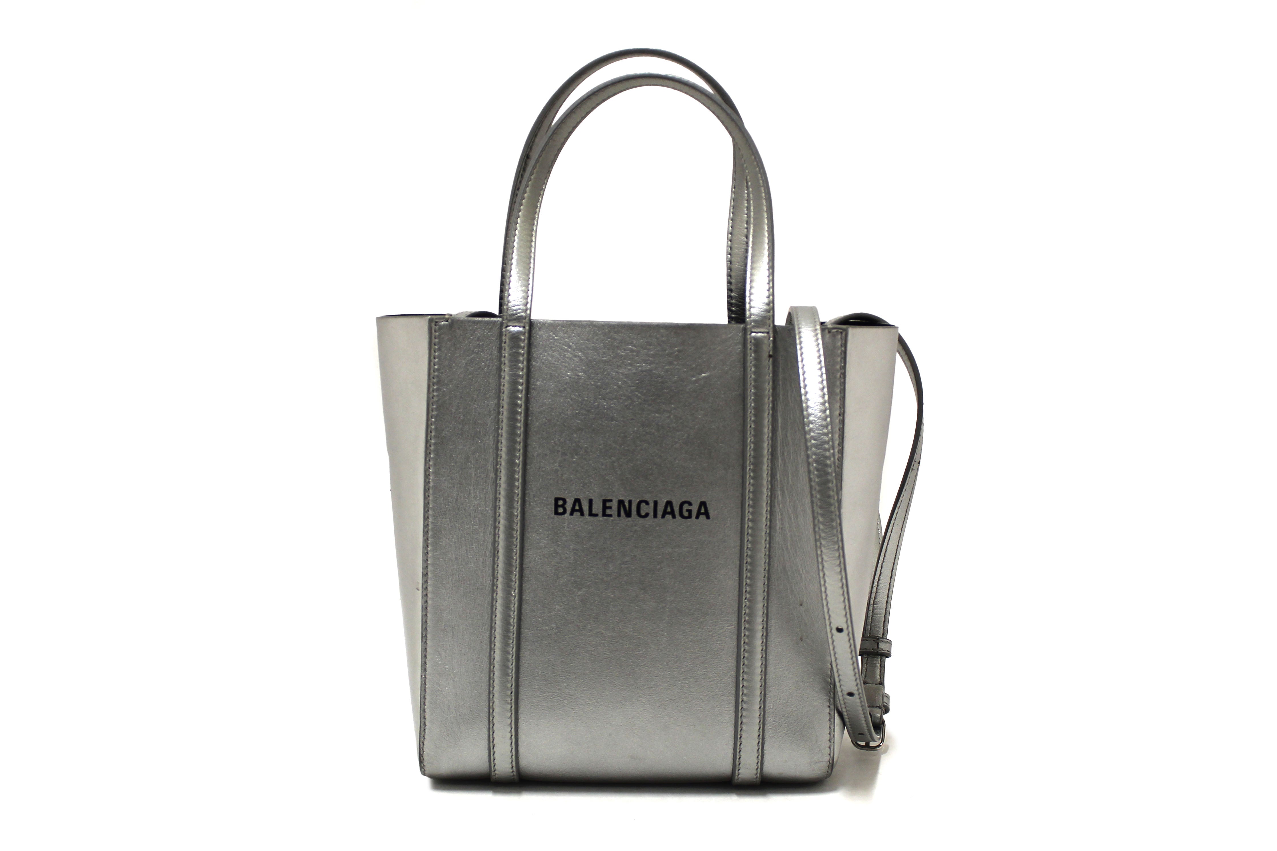 Authentic Balenciaga Silver Calfskin Leather Everyday XXS Tote Crossbody Bag