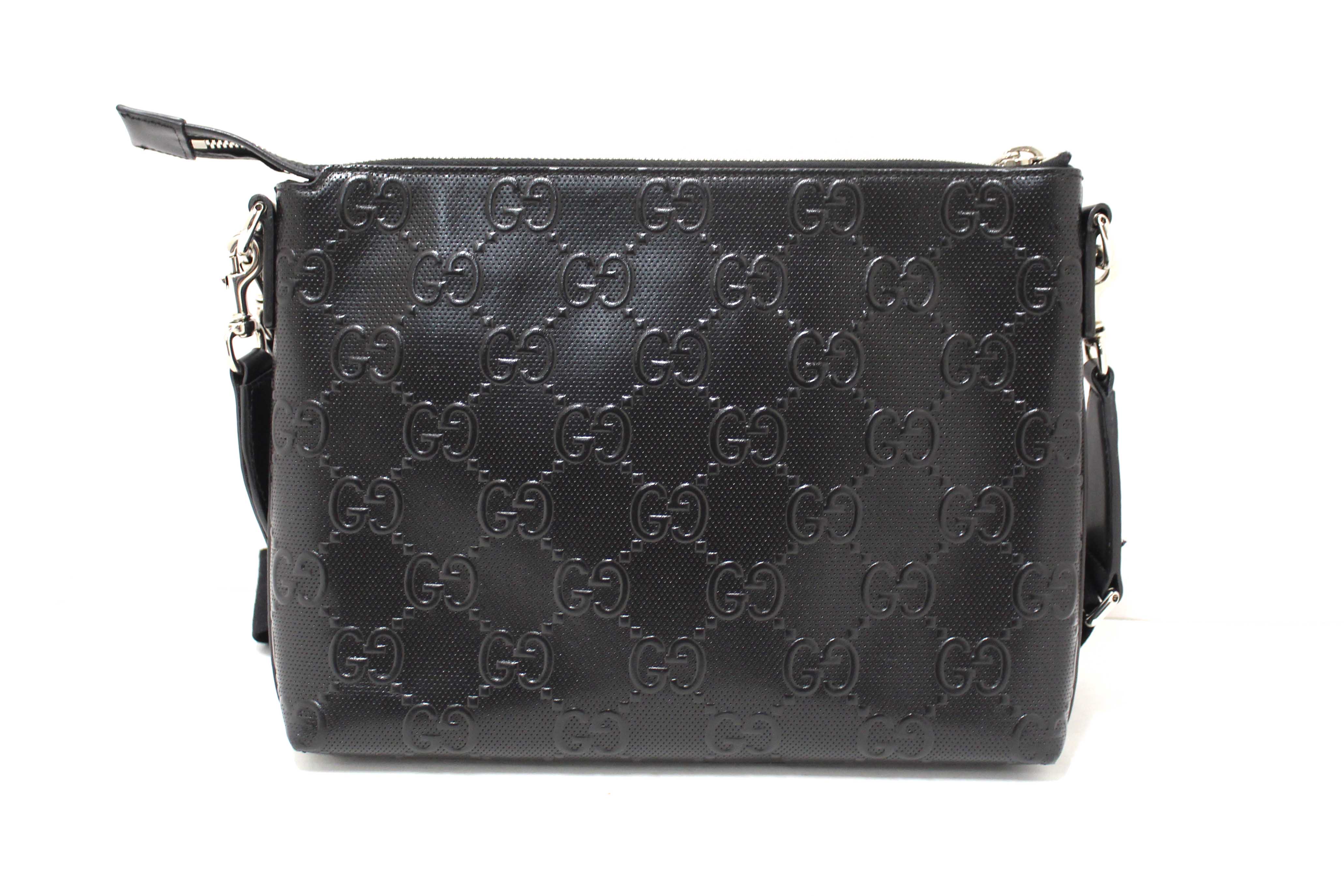 Authentic Gucci Black Perforated Embossed GG Leather Medium Crossbody Bag