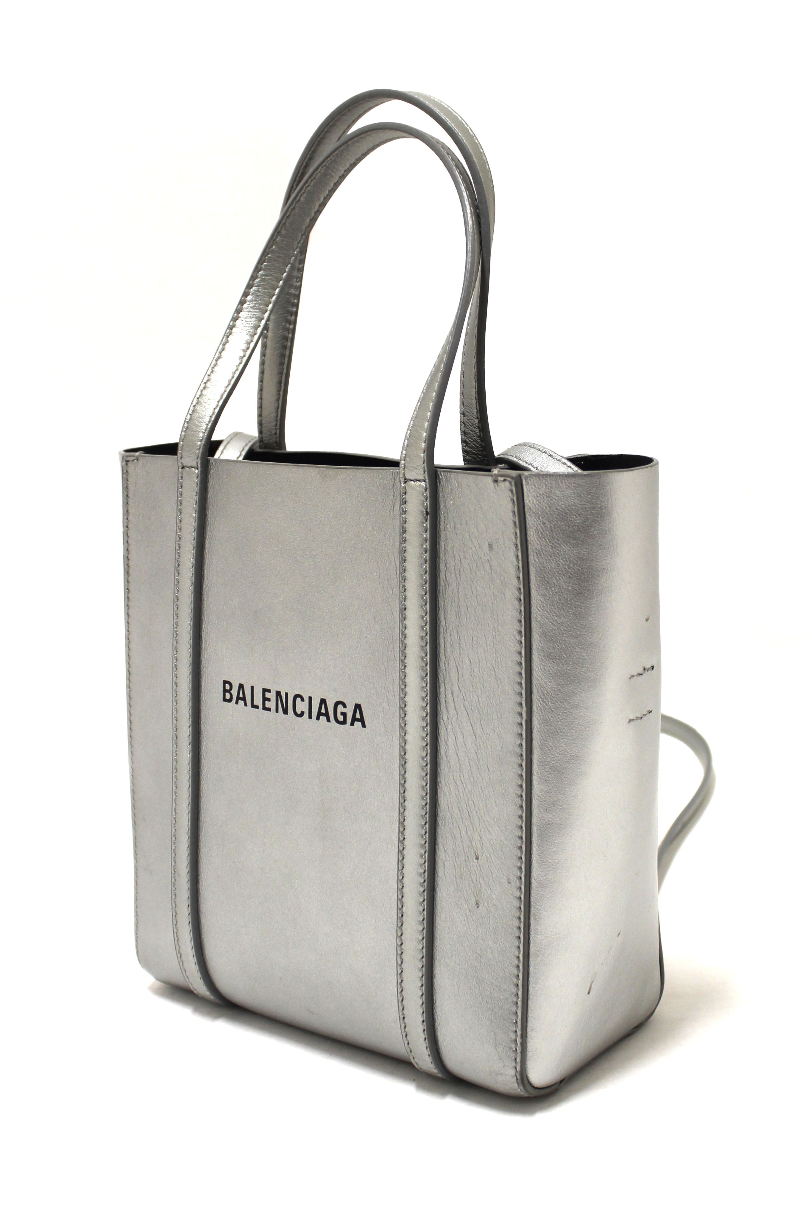 Authentic Balenciaga Silver Calfskin Leather Everyday XXS Tote Crossbody Bag