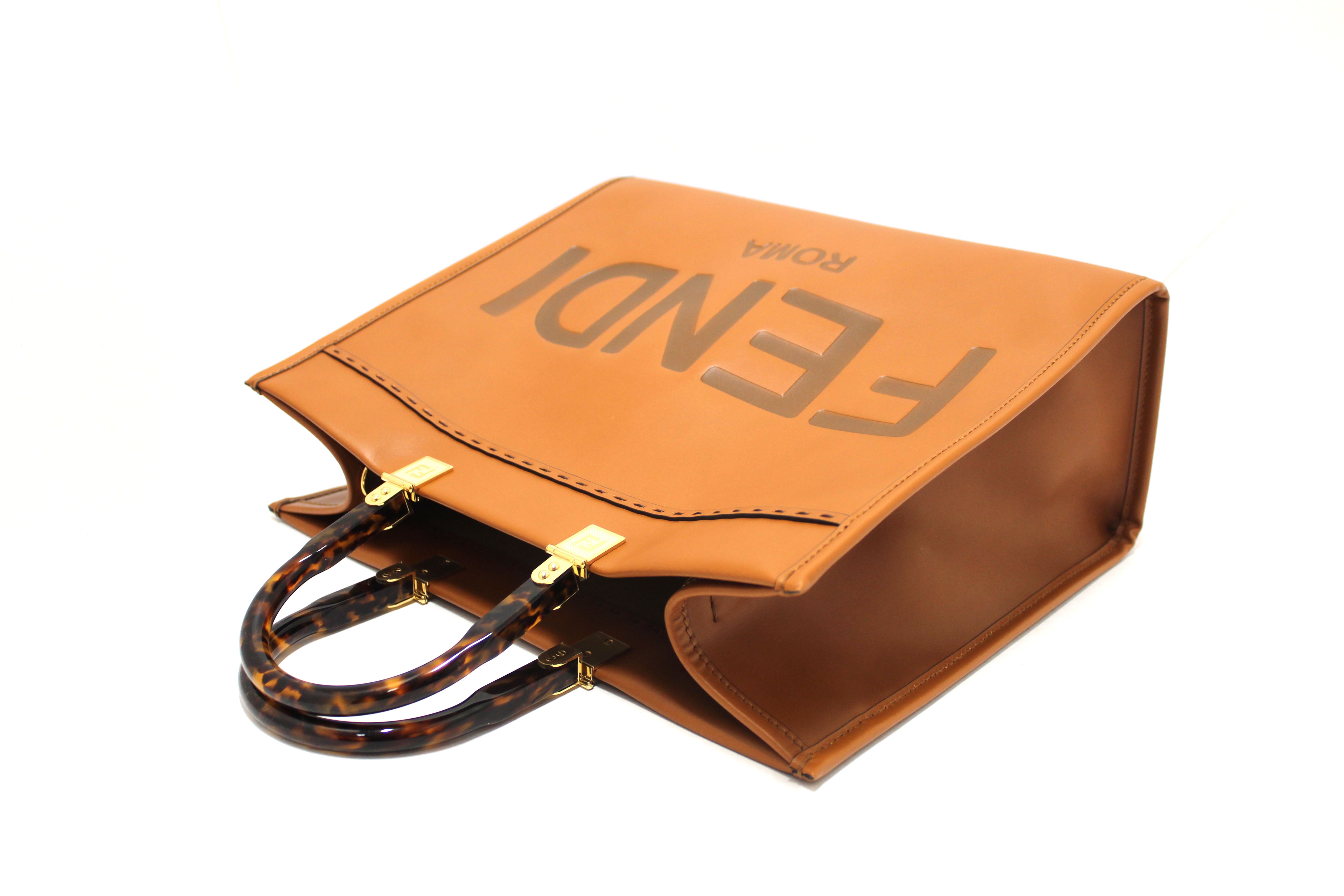 Authentic Fendi Brown Calfskin Leather Roma Sunshine Medium Tote