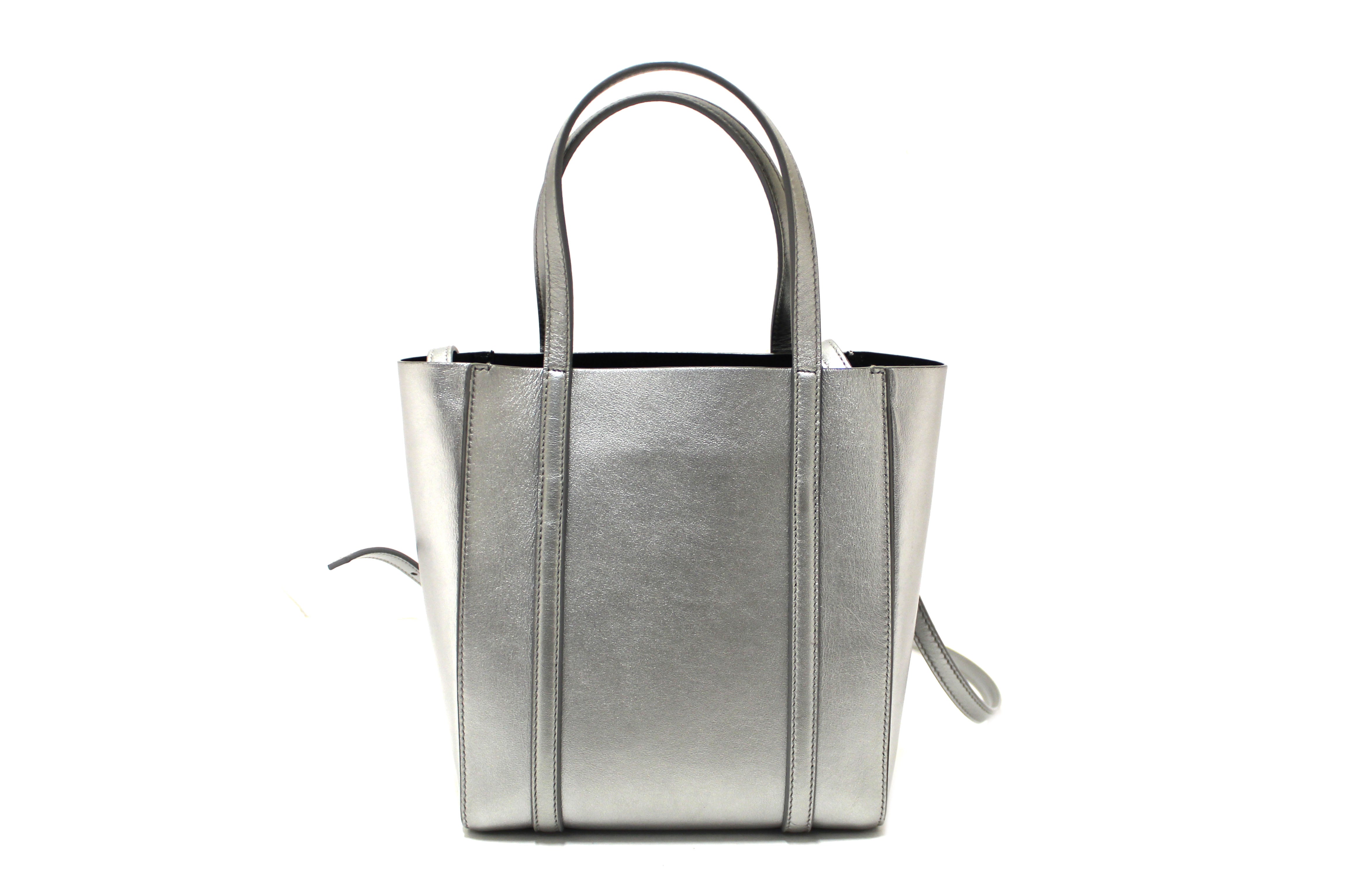 Authentic Balenciaga Silver Calfskin Leather Everyday XXS Tote Crossbody Bag