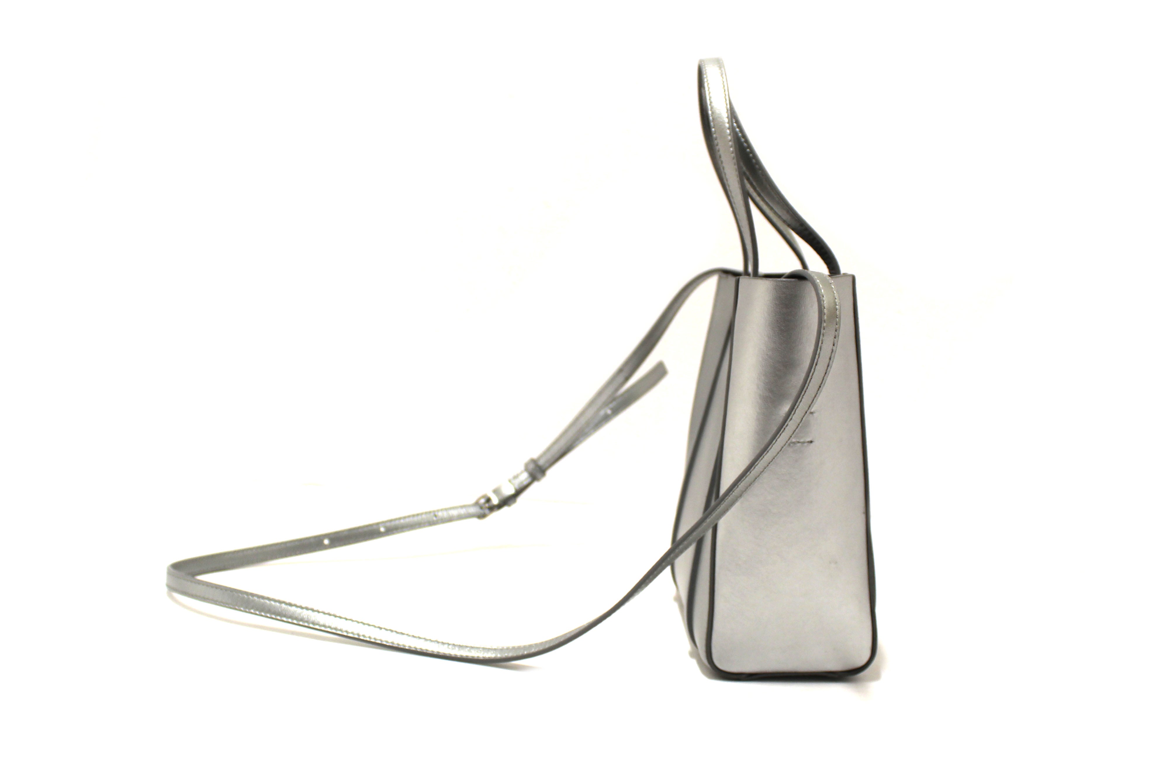 Authentic Balenciaga Silver Calfskin Leather Everyday XXS Tote Crossbody Bag