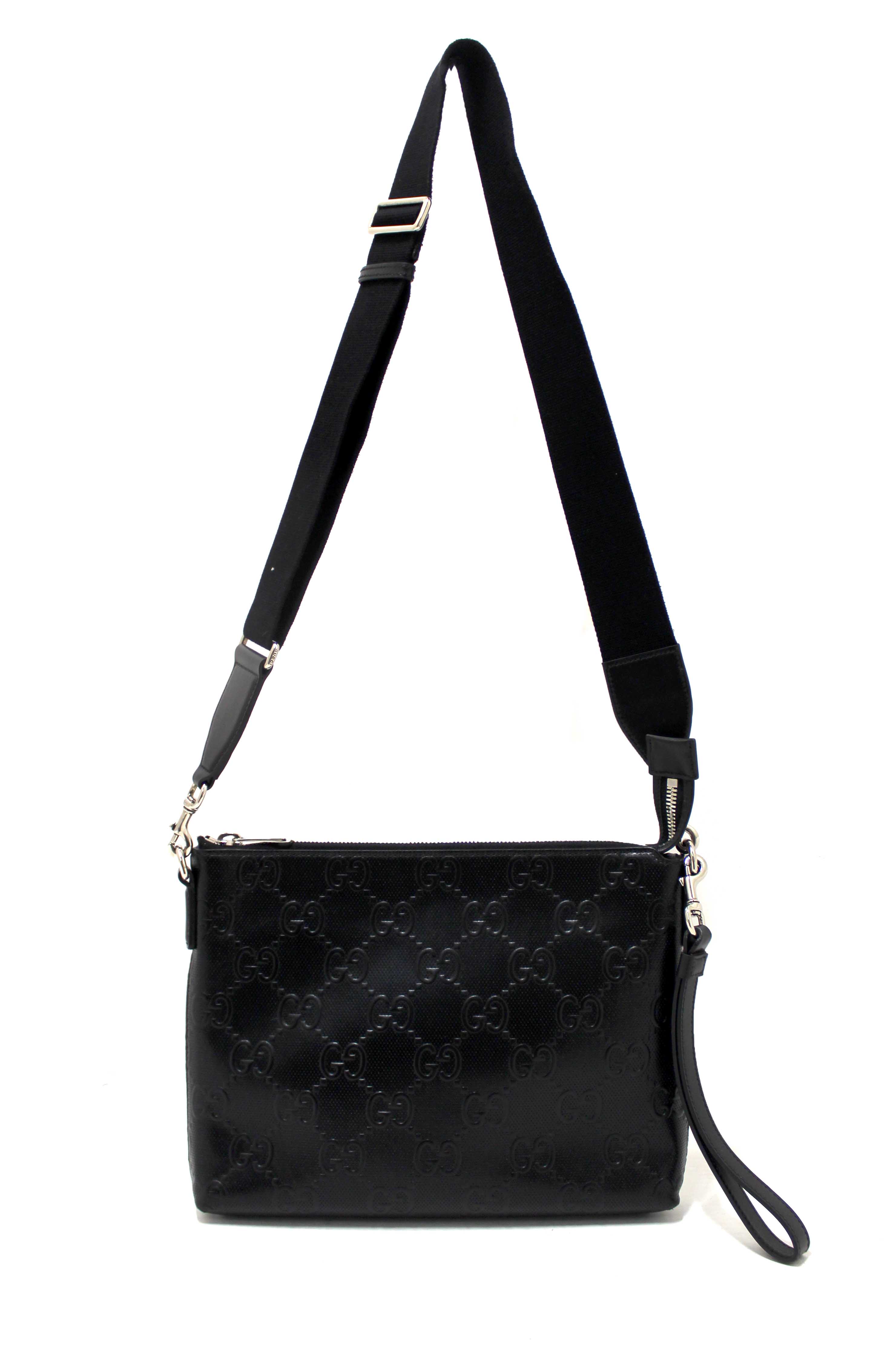 Authentic Gucci Black Perforated Embossed GG Leather Medium Crossbody Bag